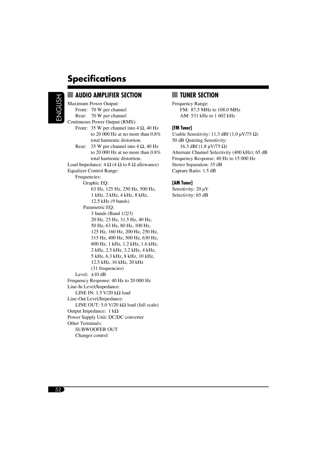 JVC LVT1373-001A, KD-SHX855 manual Specifications, Audio Amplifier Section Tuner Section 