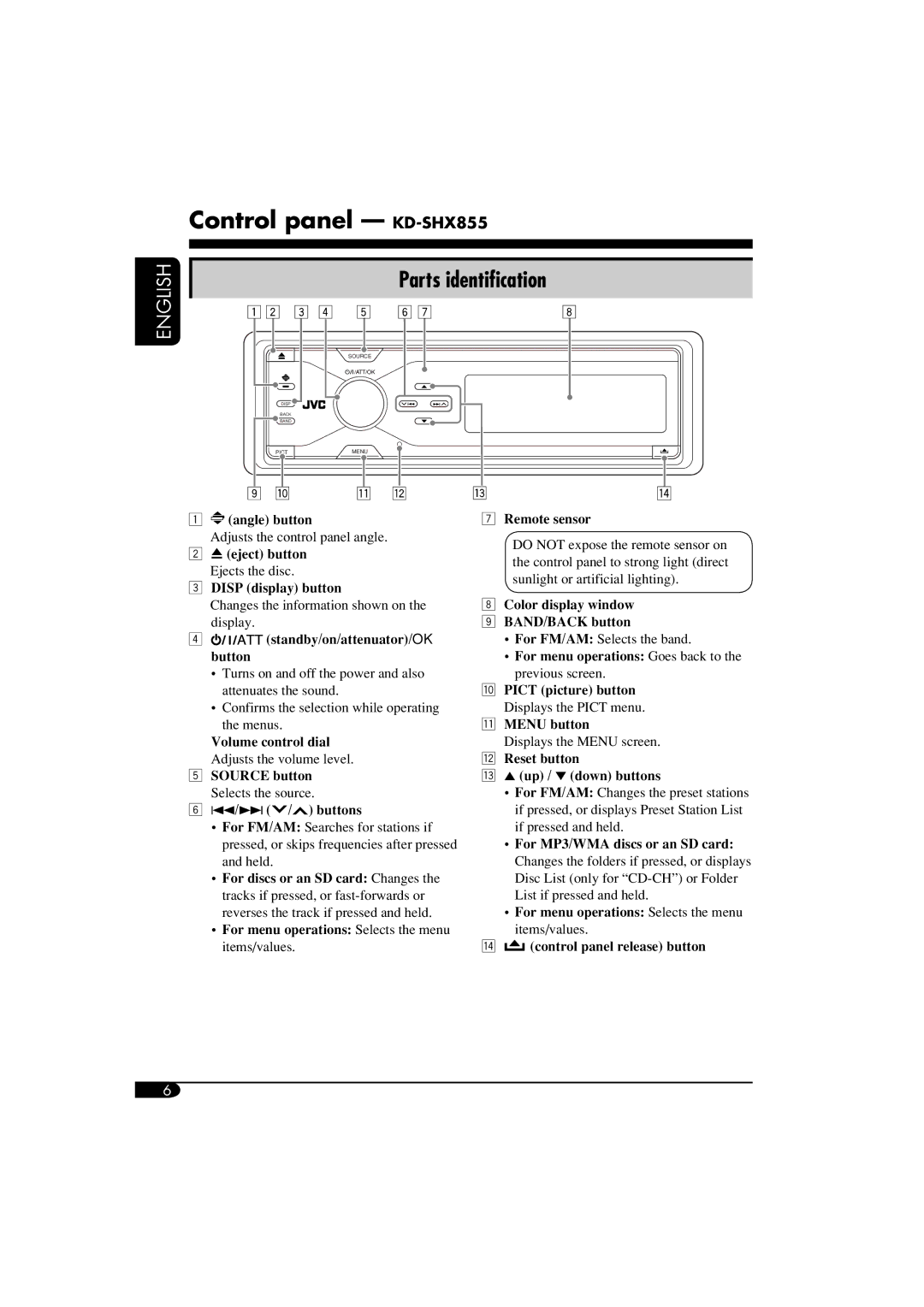 JVC LVT1373-001A manual Control panel KD-SHX855, Parts identification 