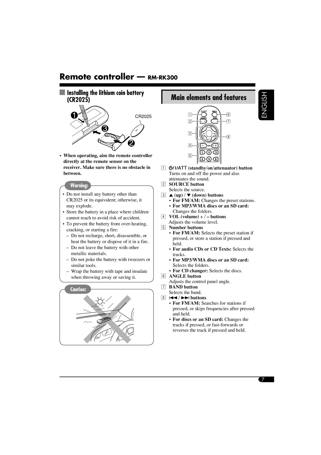 JVC KD-SHX855 manual Remote controller RM-RK300, Installing the lithium coin battery, CR2025, Main elements and features 