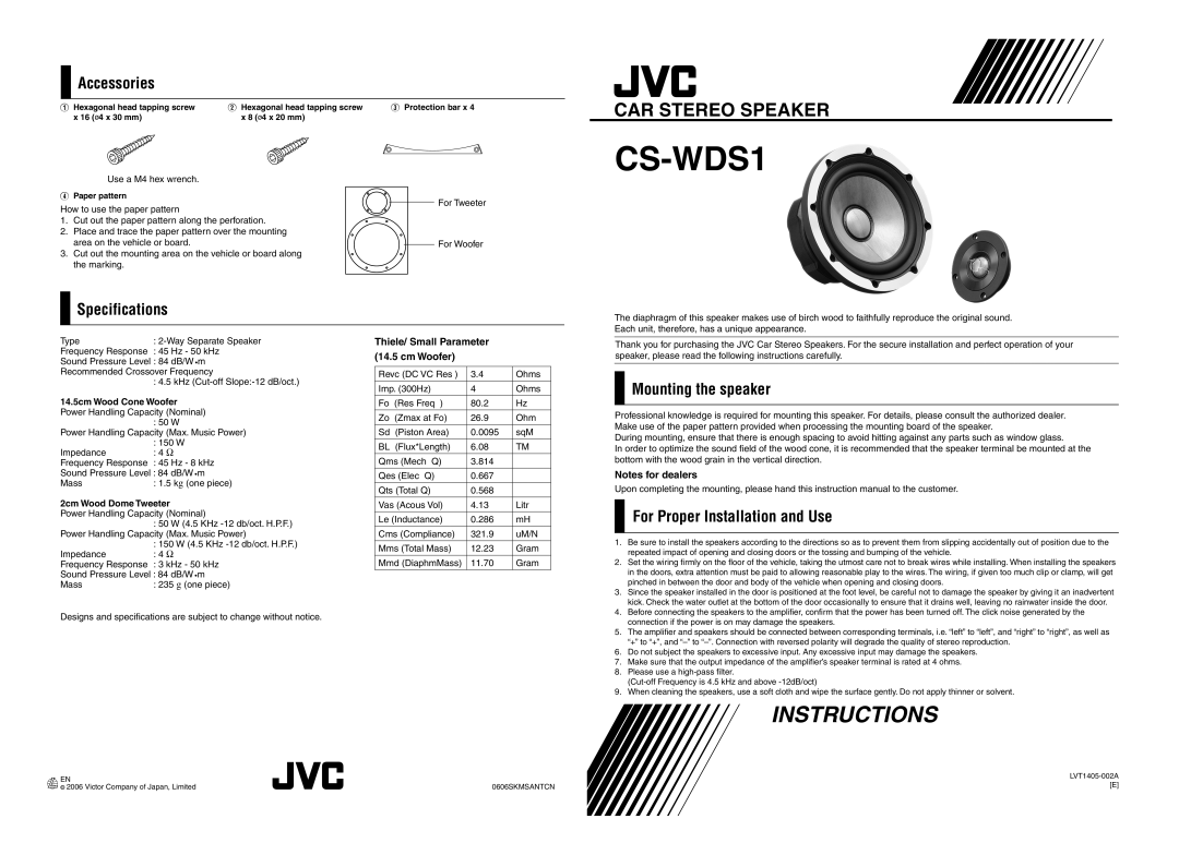 JVC LVT1405-002A specifications Accessories, Specifications, Mounting the speaker, For Proper Installation and Use 