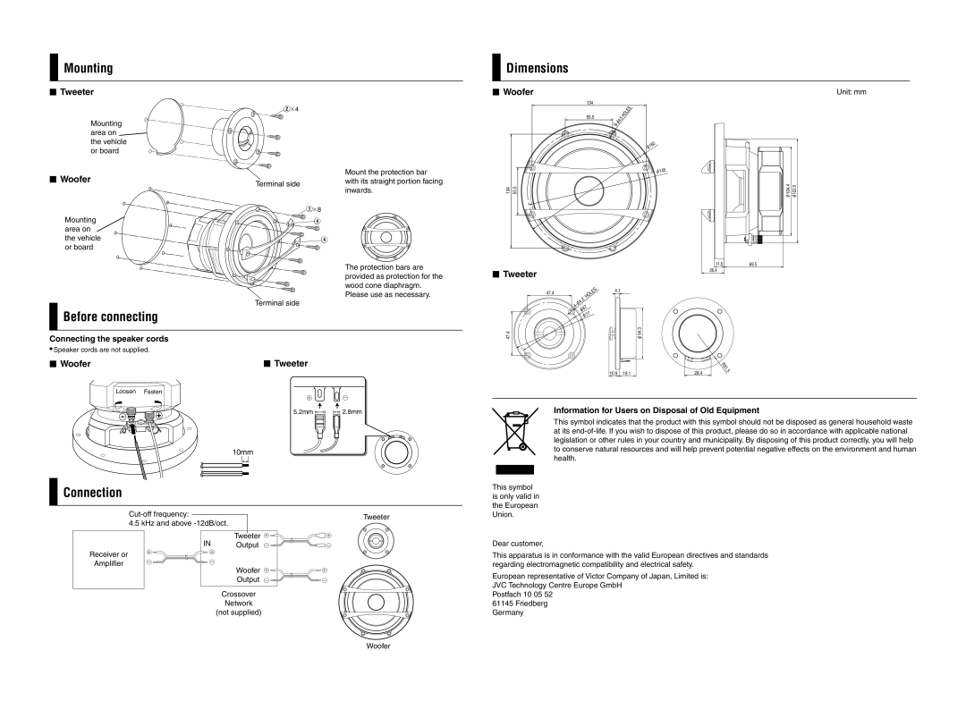 JVC LVT1405-002A specifications Mounting Dimensions, Before connecting, Connection, Connecting the speaker cords 