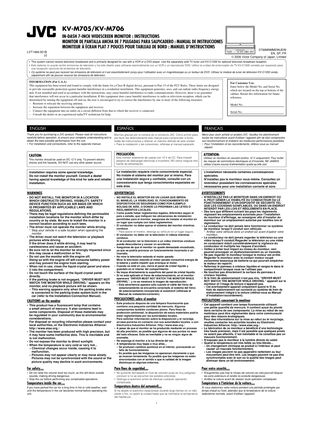 JVC LVT1484-001B manual Precauciones sobre el monitor, Précautions concernant le moniteur, For safety, Pour votre sécurité 