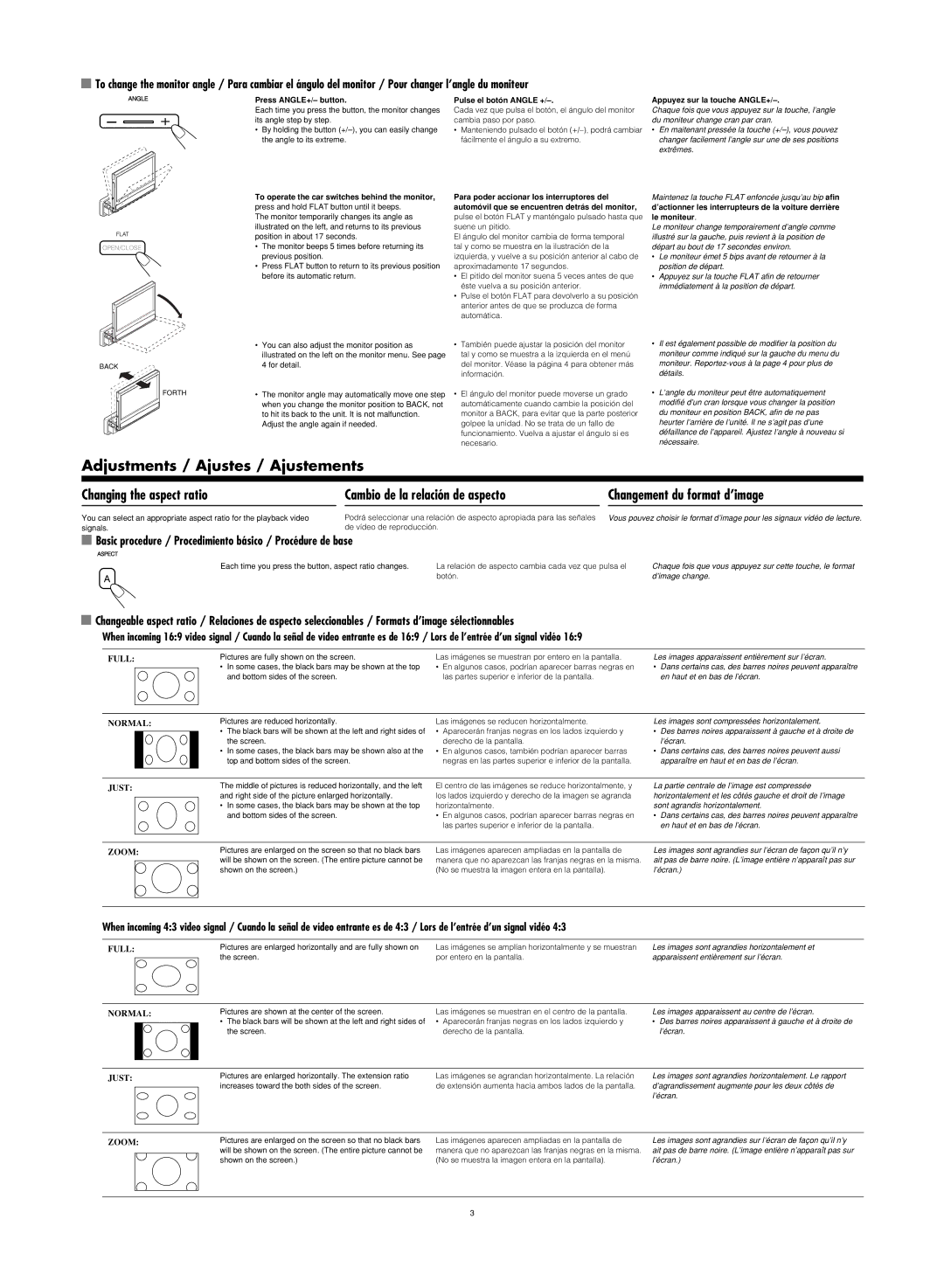 JVC LVT1484-001B manual Adjustments / Ajustes / Ajustements, Full, Normal, Just, Zoom 