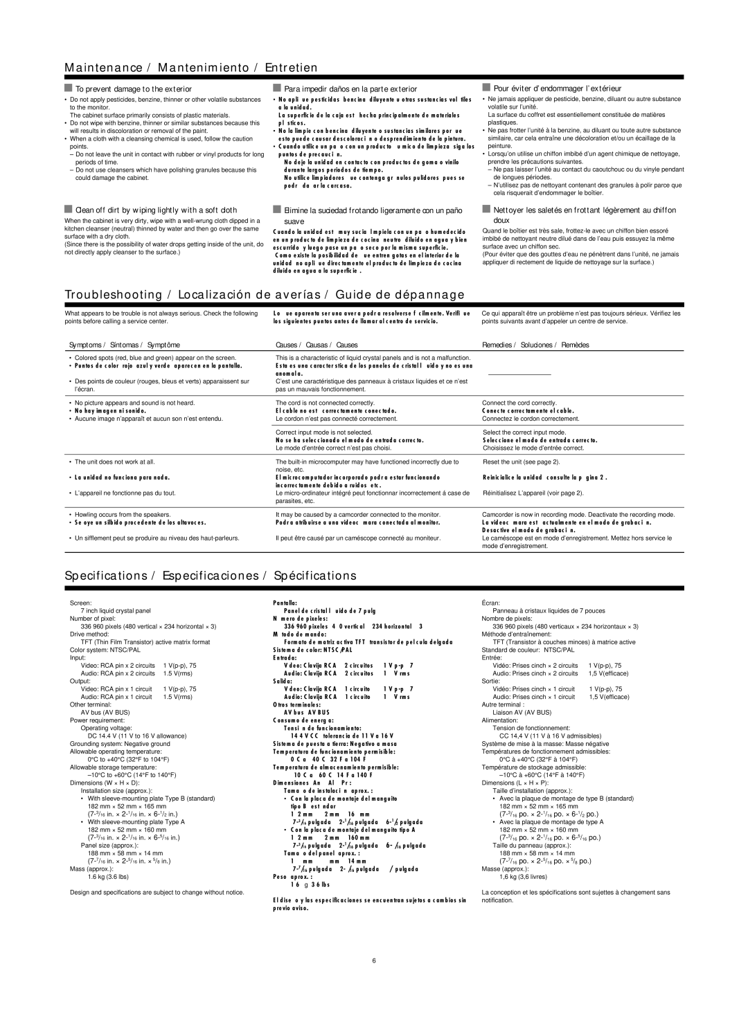 JVC LVT1484-001B manual Maintenance / Mantenimiento / Entretien, Specifications / Especificaciones / Spécifications 