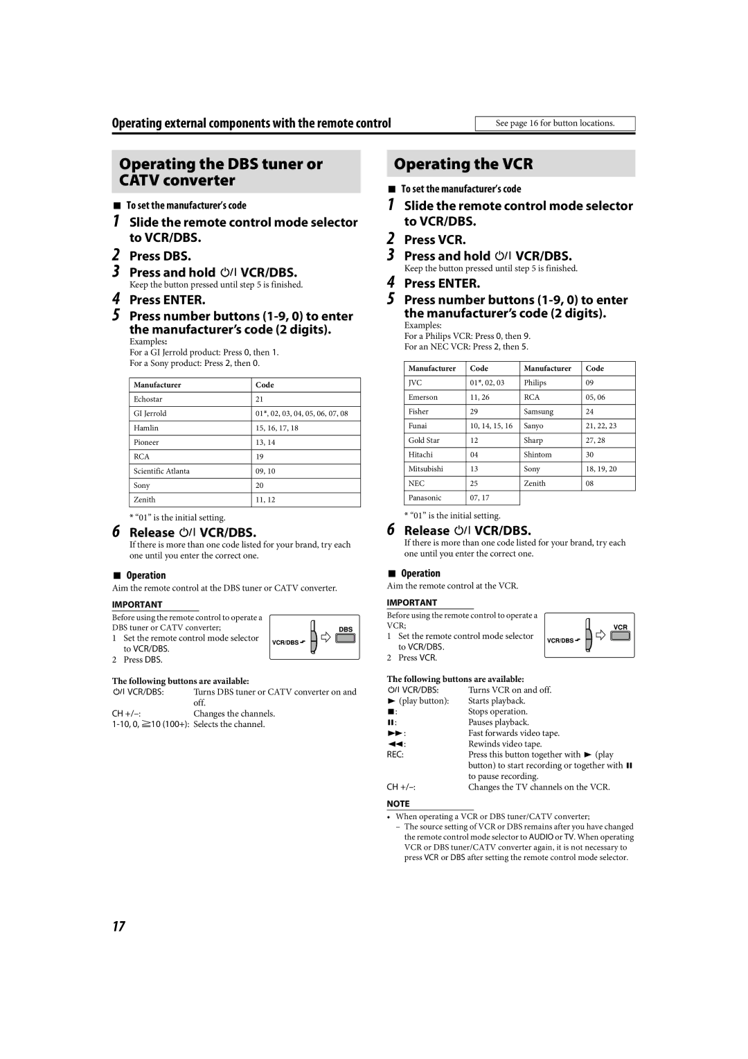 JVC LVT1504-005B manual Operating the DBS tuner or Catv converter, Operating the VCR, Manufacturer’s code 2 digits 