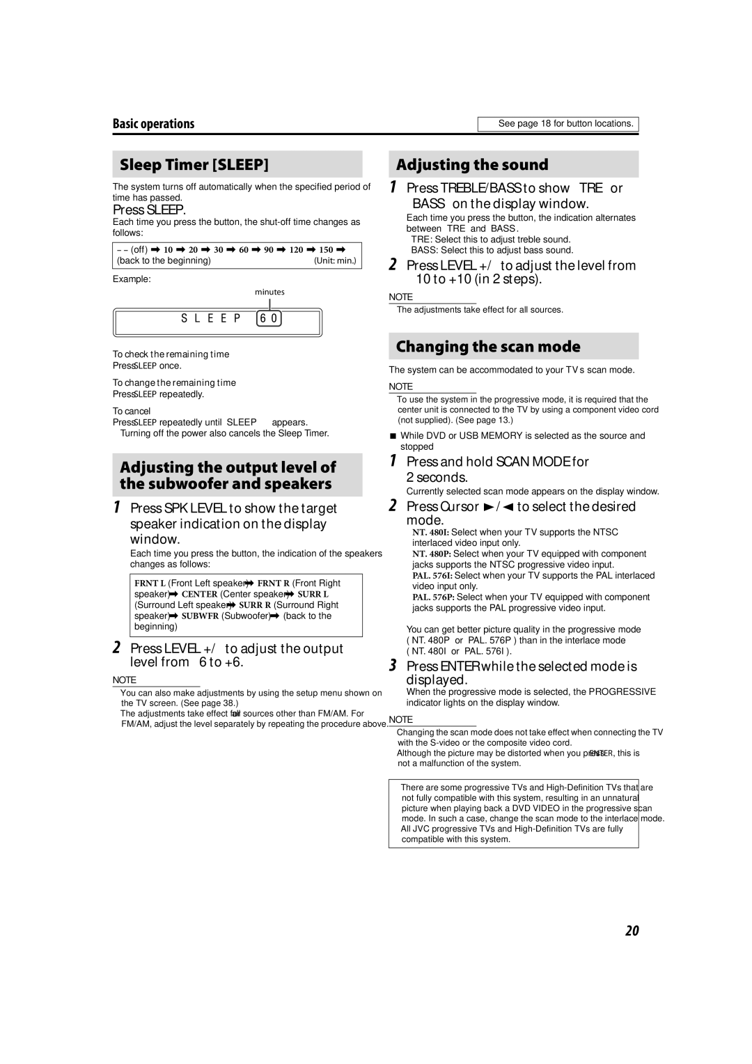 JVC LVT1504-005B manual Sleep Timer Sleep, Adjusting the sound, Changing the scan mode 