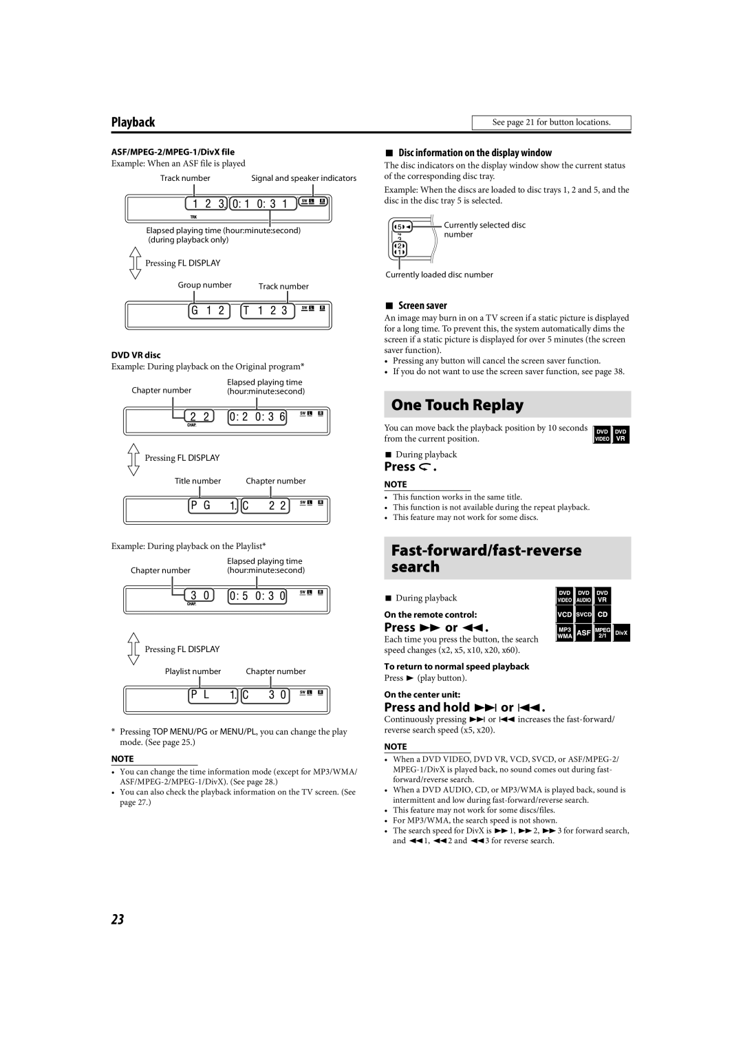 JVC LVT1504-005B One Touch Replay, Press y or, Press and hold x or, Disc information on the display window, Screen saver 