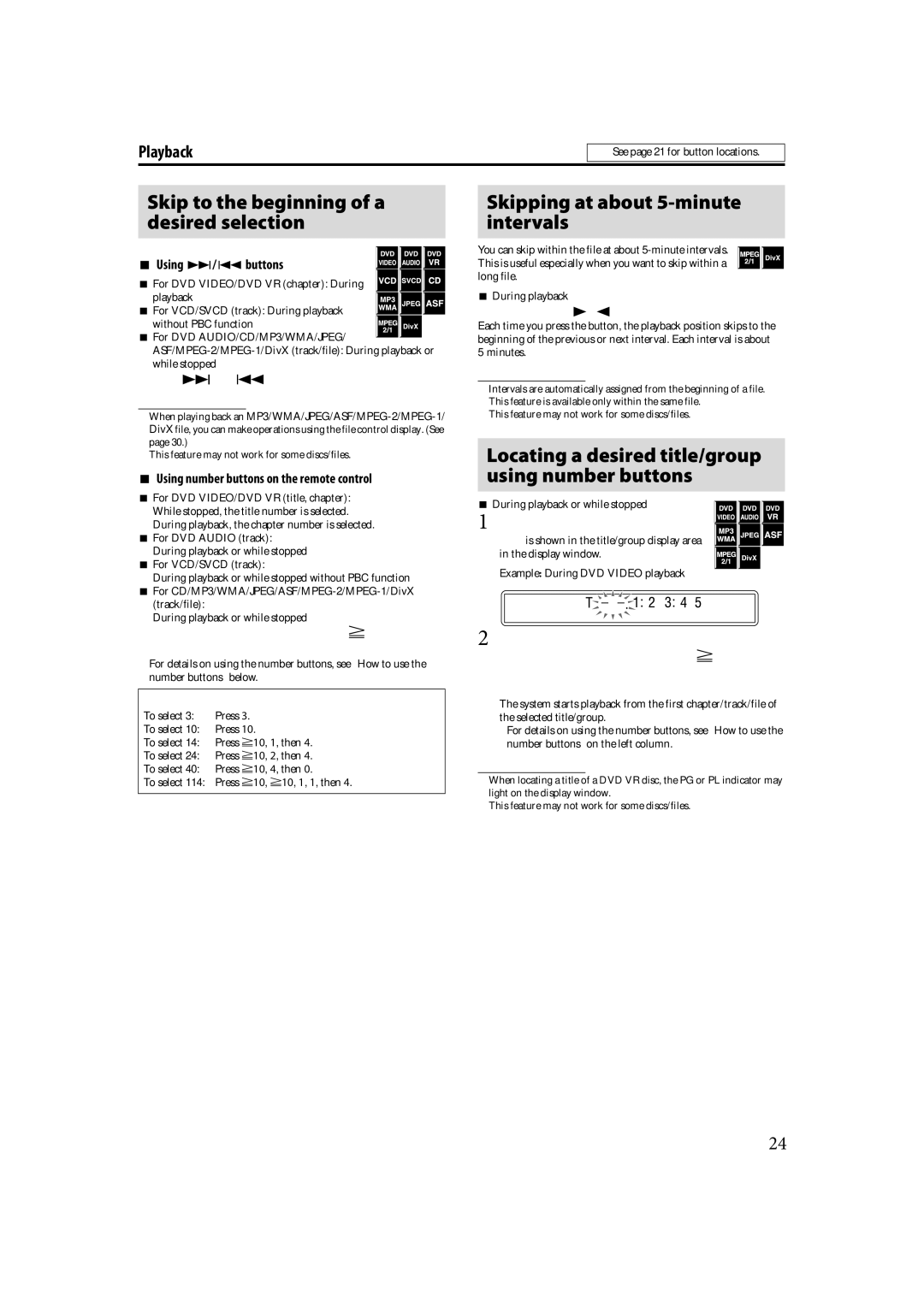 JVC LVT1504-005B manual Skip to the beginning of a desired selection, Skipping at about 5-minute intervals 