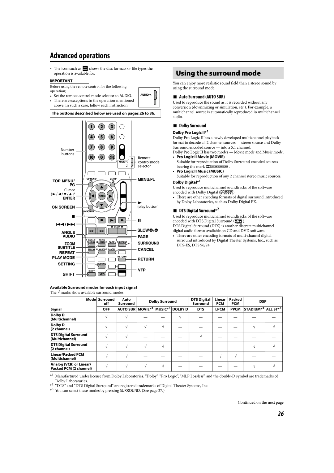 JVC LVT1504-005B manual Advanced operations, Using the surround mode, Auto Surround Auto SUR, Dolby Surround 