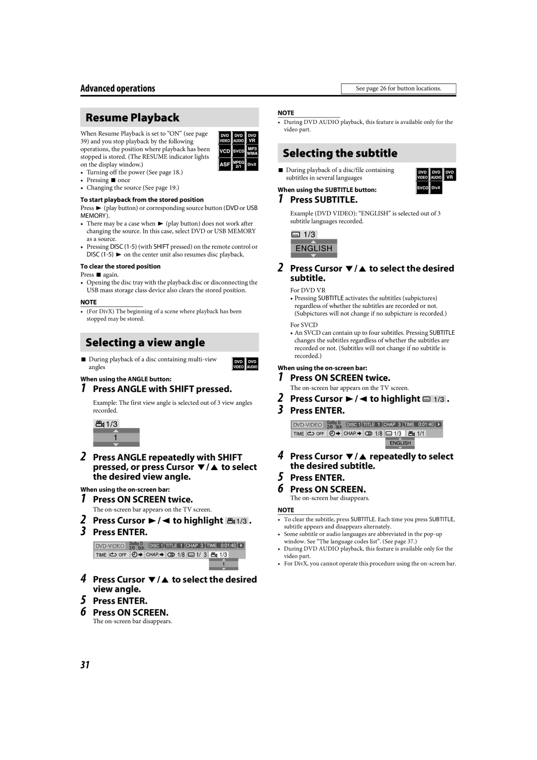 JVC LVT1504-005B manual Resume Playback, Selecting a view angle, Selecting the subtitle 