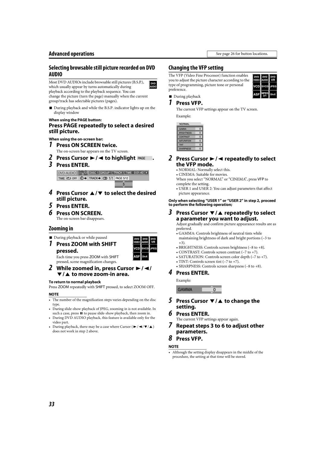 JVC LVT1504-005B manual Selecting browsable still picture recorded on DVD Audio, Zooming, Changing the VFP setting 