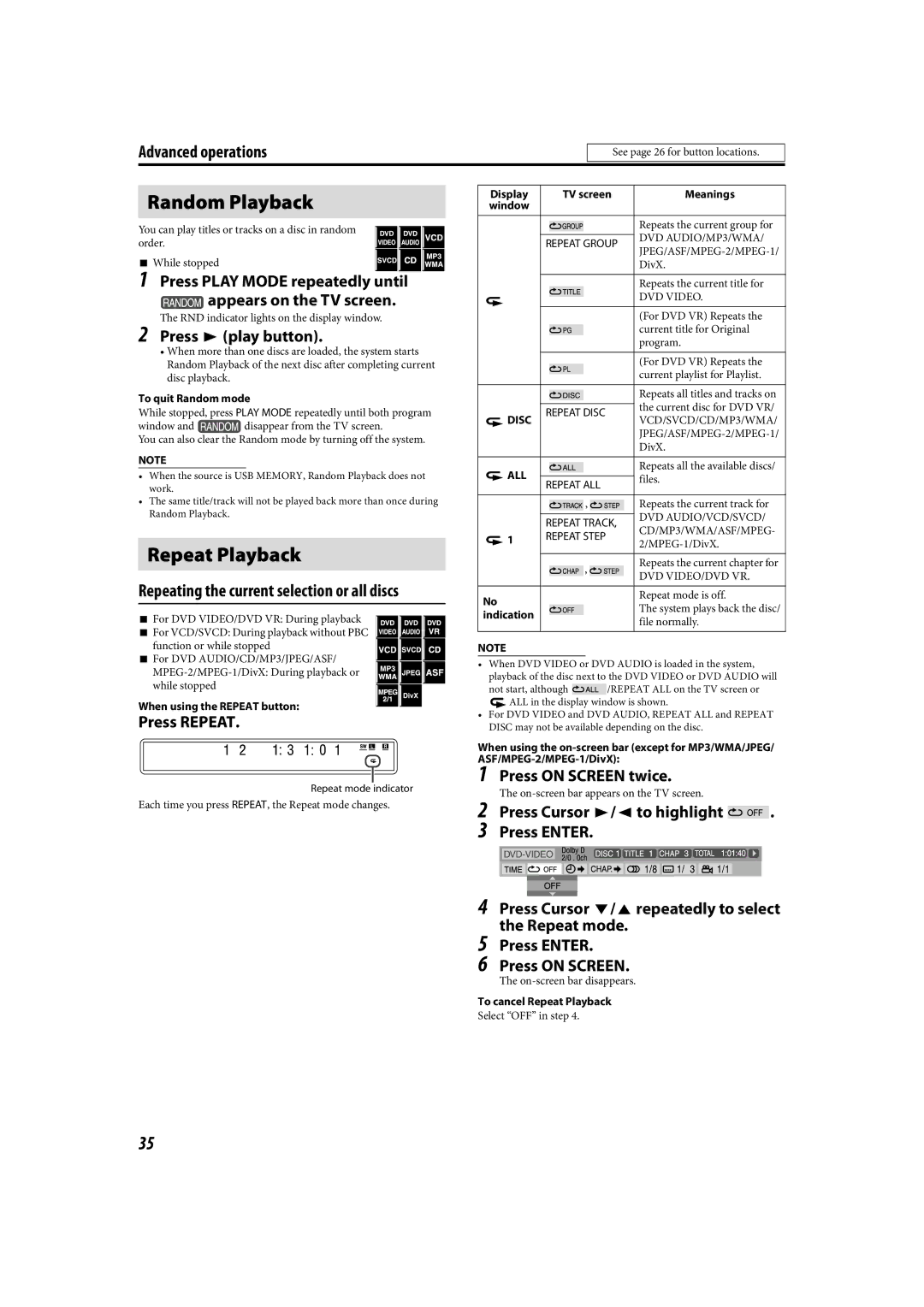 JVC LVT1504-005B manual Random Playback, Repeat Playback, Repeating the current selection or all discs, Press Repeat 