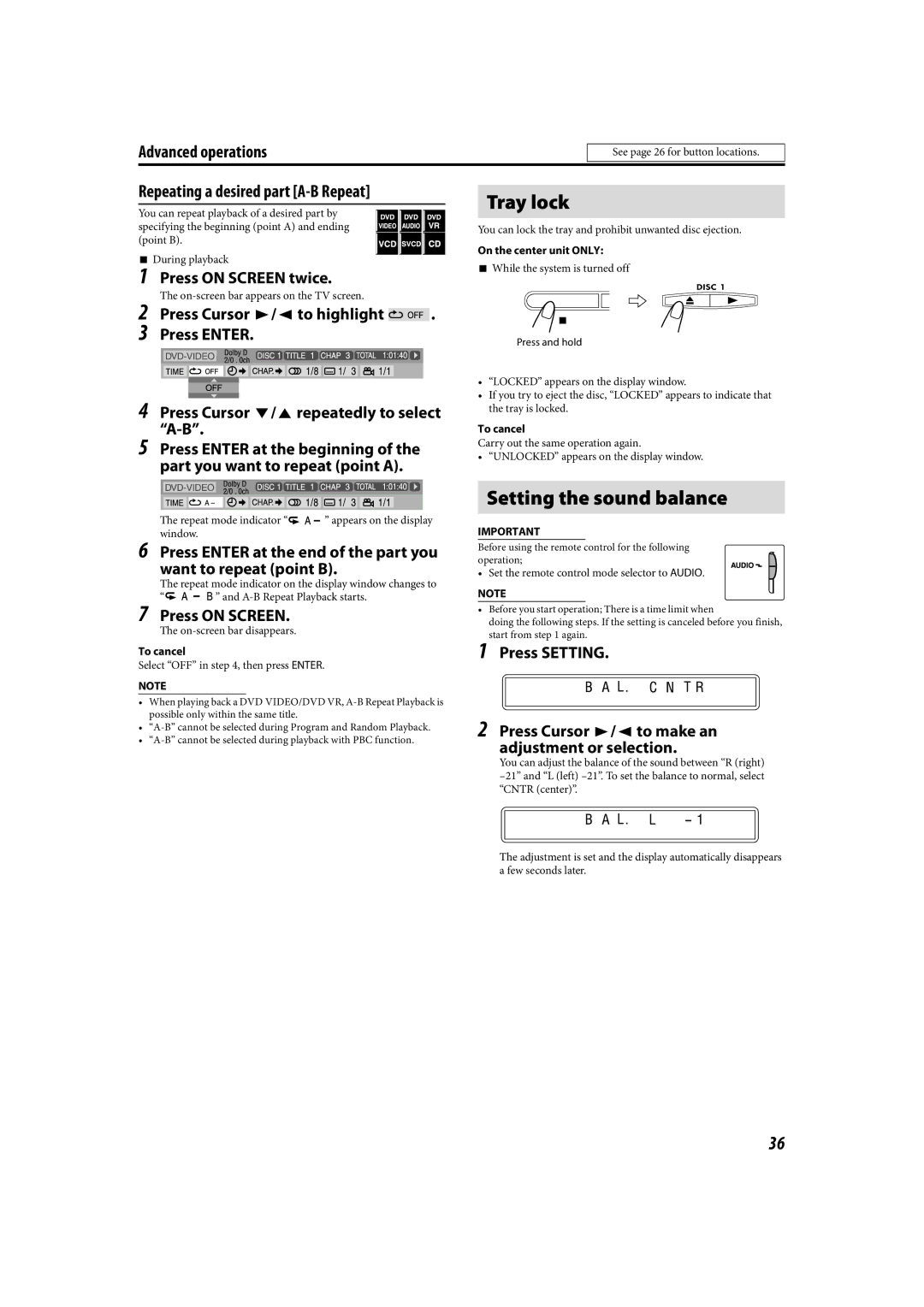 JVC LVT1504-005B manual Tray lock, Setting the sound balance, Repeating a desired part A-B Repeat, On the center unit only 