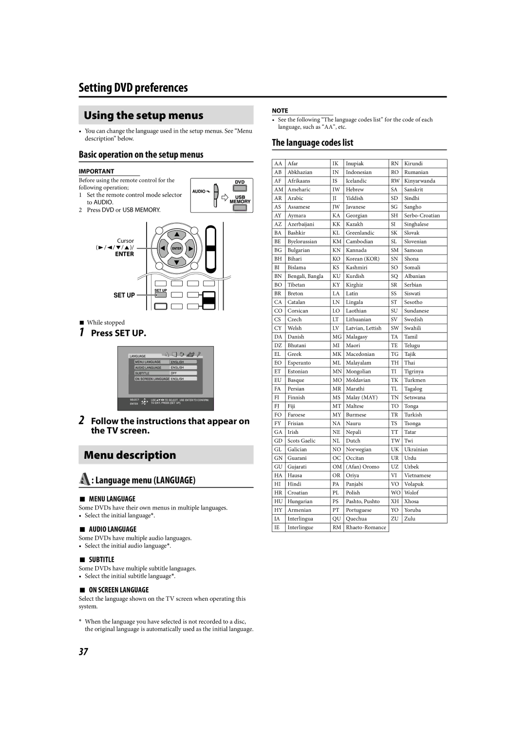 JVC LVT1504-005B manual Setting DVD preferences, Using the setup menus, Menu description 