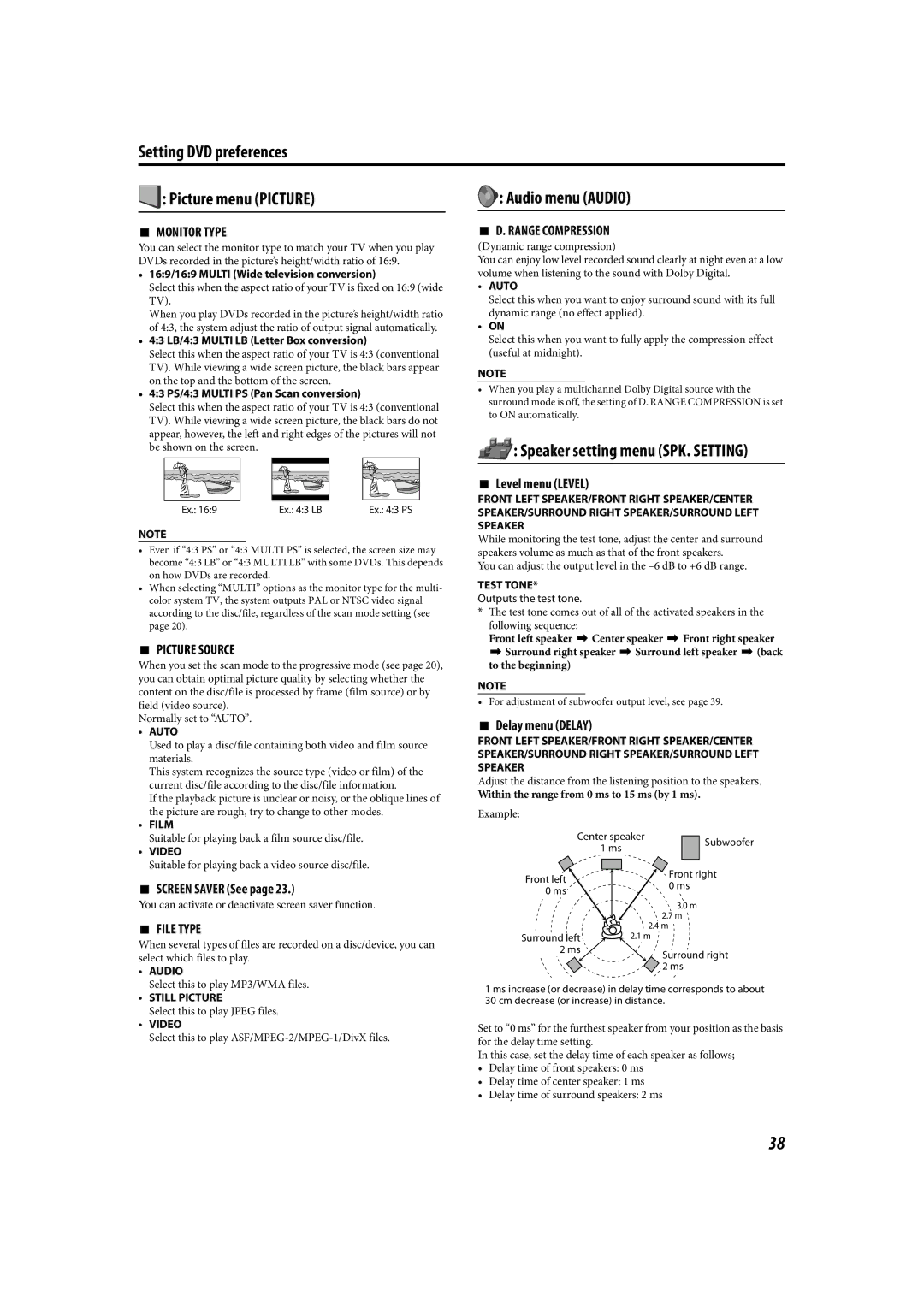 JVC LVT1504-005B manual Setting DVD preferences Picture menu Picture, Audio menu Audio, Speaker setting menu SPK. Setting 