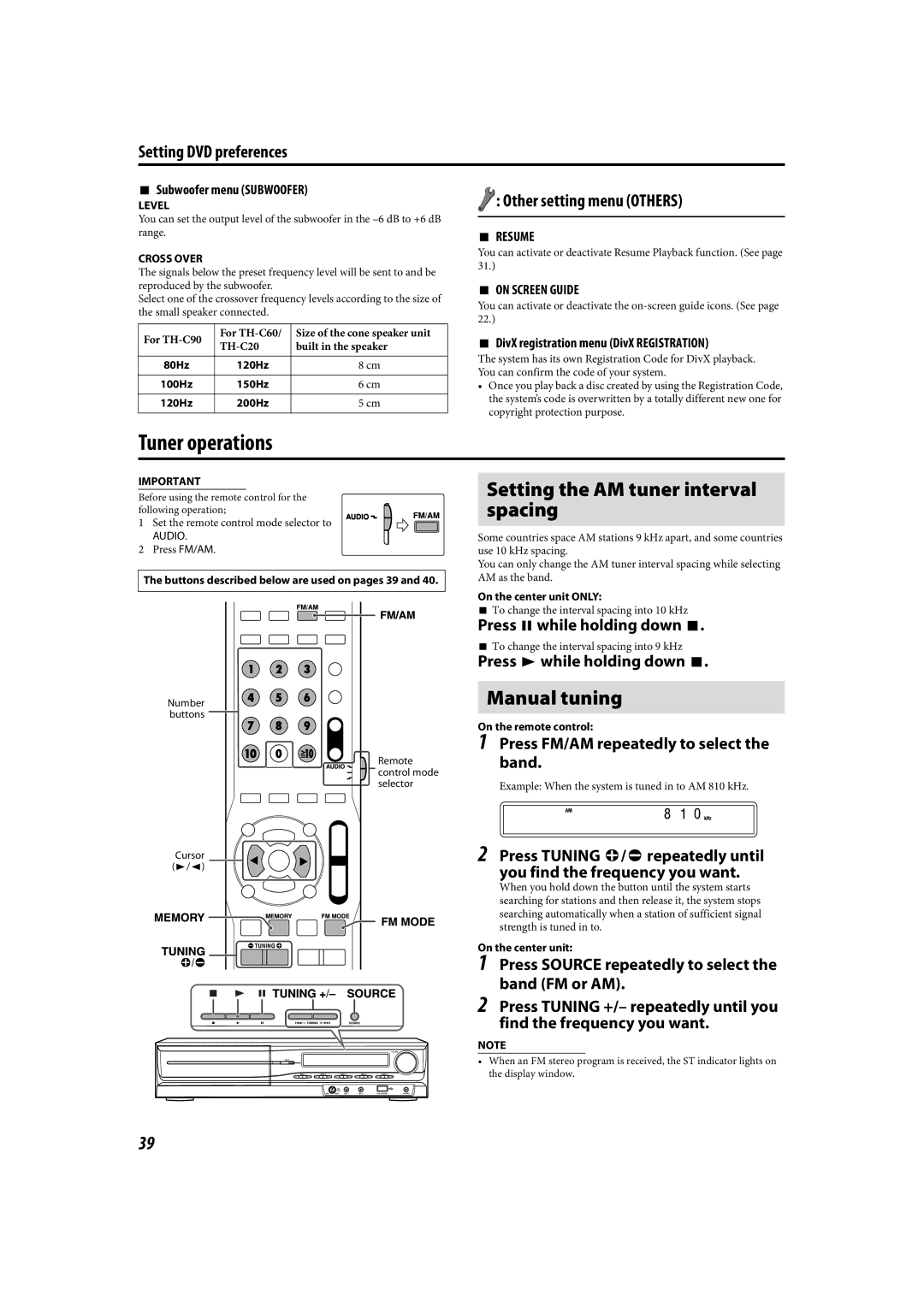 JVC LVT1504-005B manual Tuner operations, Setting the AM tuner interval spacing, Manual tuning, Setting DVD preferences 