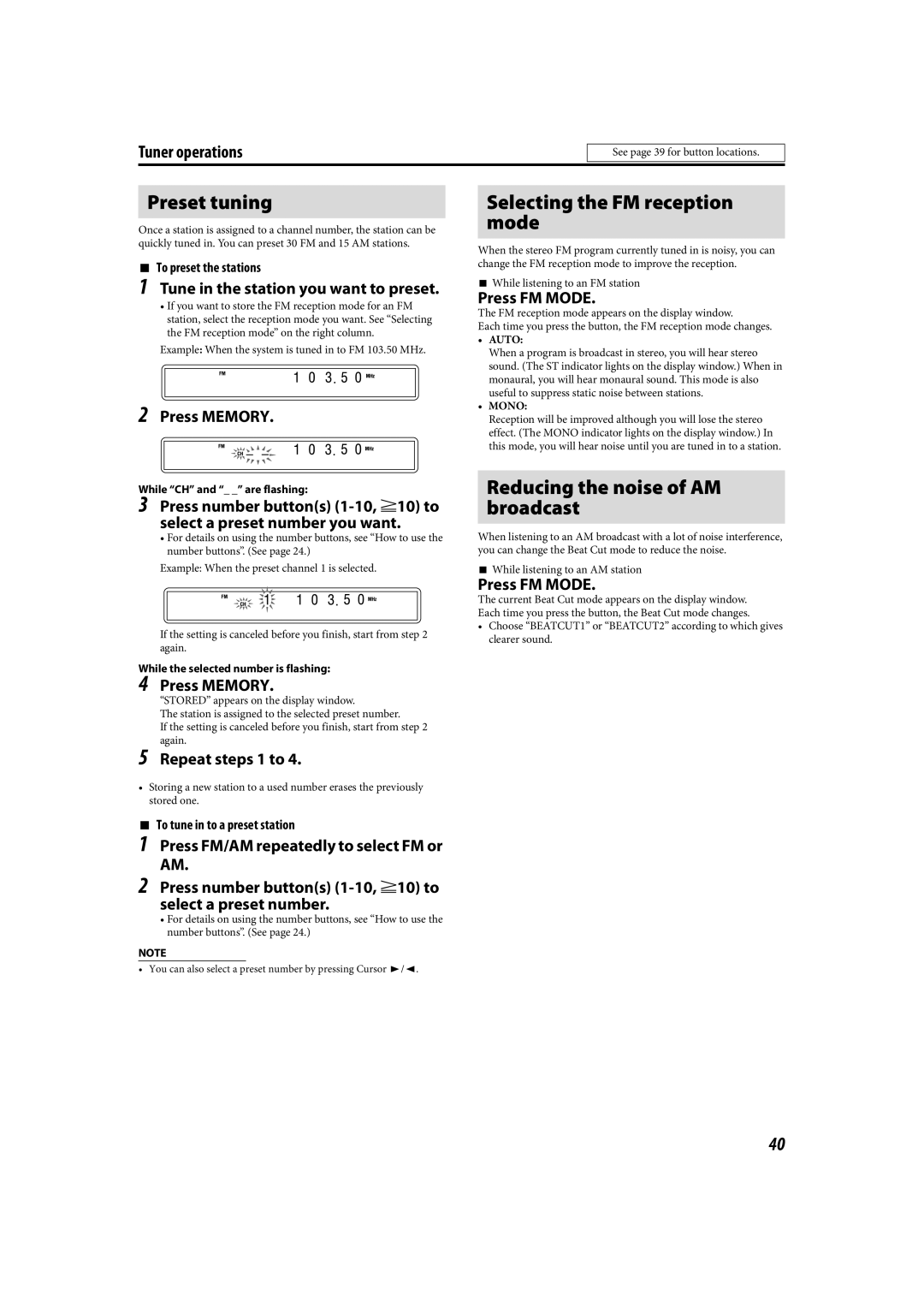 JVC LVT1504-005B Preset tuning, Selecting the FM reception mode, Reducing the noise of AM broadcast, Tuner operations 