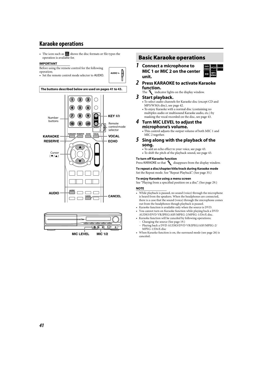 JVC LVT1504-005B manual Basic Karaoke operations 