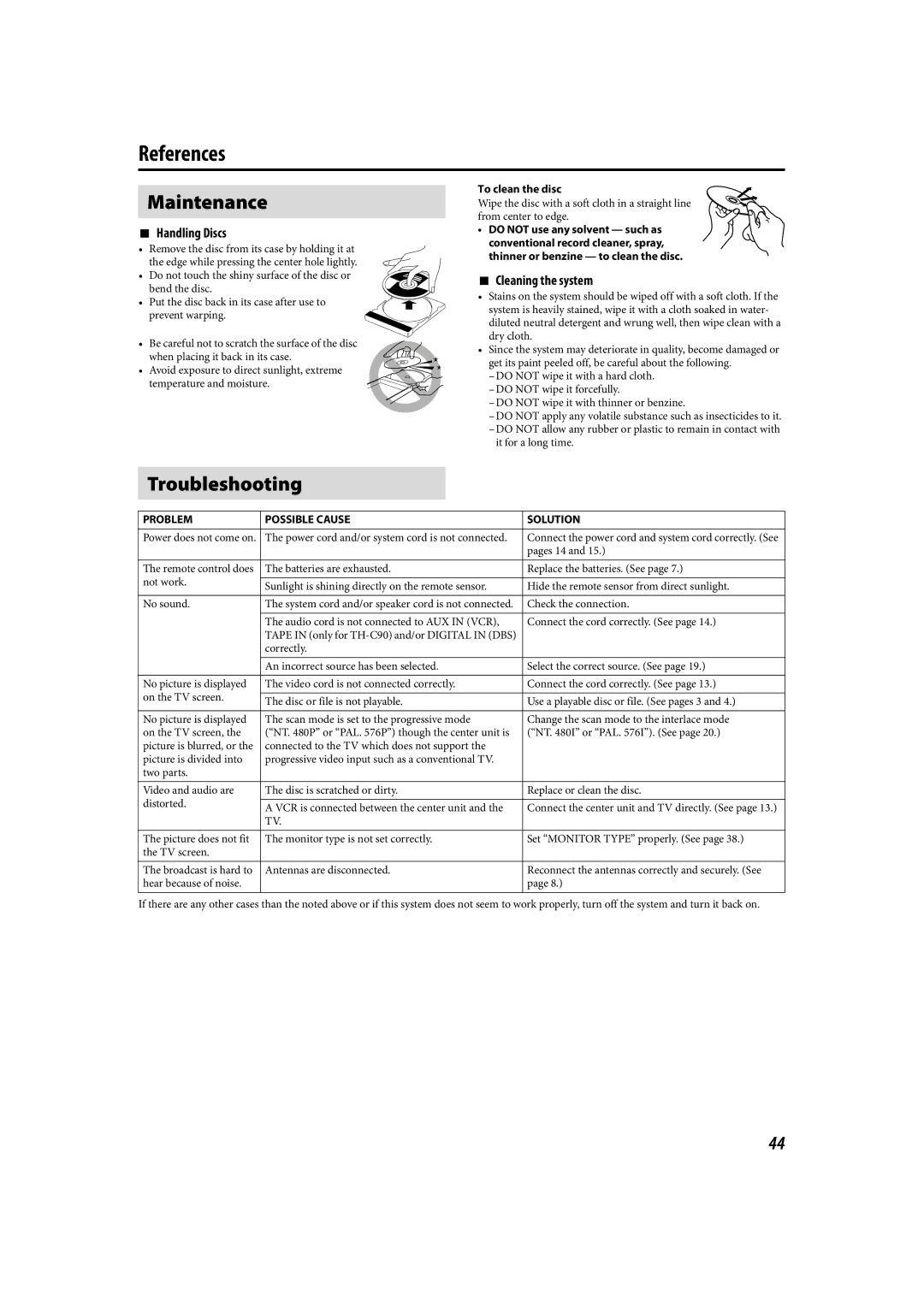 JVC LVT1504-005B manual References, Maintenance, Troubleshooting, Handling Discs, Cleaning the system 