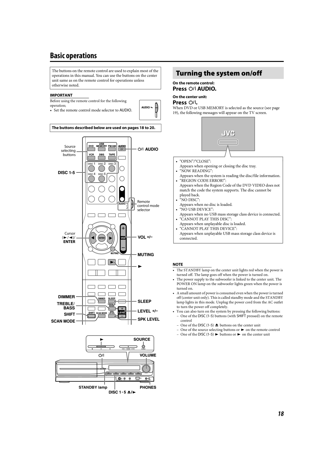 JVC LVT1504-005B manual Basic operations, Turning the system on/off, Press FAUDIO, Enter, On the remote control 