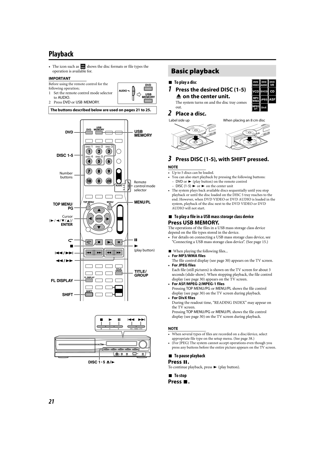JVC LVT1504-005B Playback, Basic playback, Press the desired DISC 0 on the center unit, Place a disc, Press USB MEMORY 