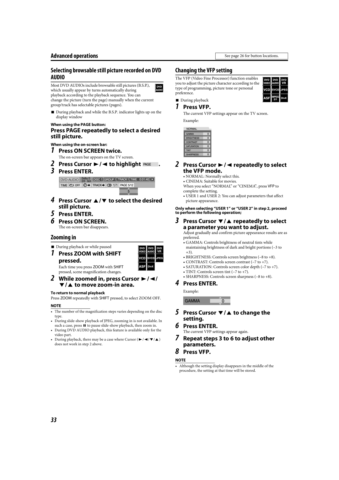 JVC LVT1504-005B manual 1Press ON SCREEN twice, Press Cursor 3/2 to highlight, Press ENTER 6 Press ON SCREEN, Press VFP 