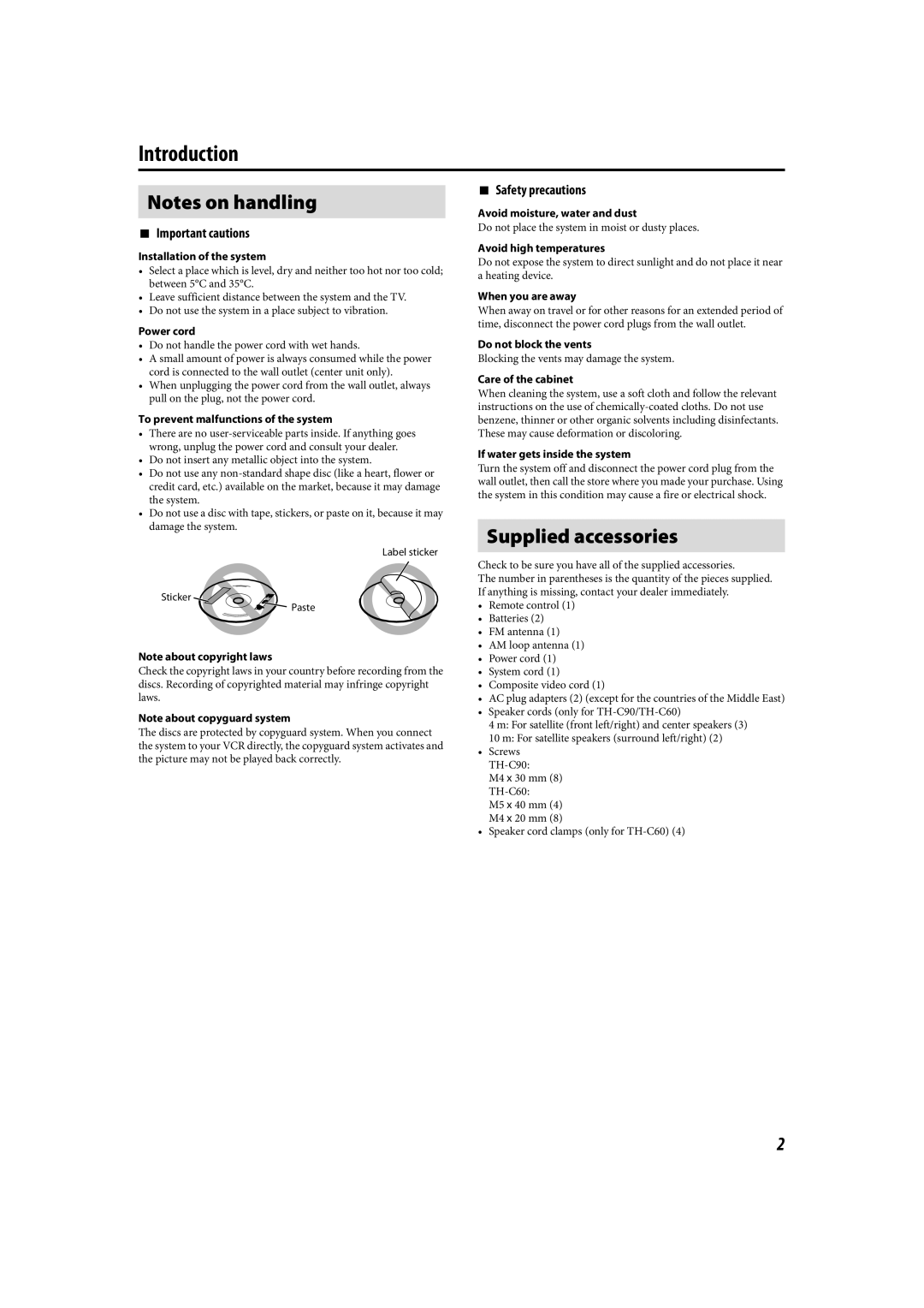 JVC LVT1504-005B manual Introduction, Notes on handling, Supplied accessories, 7Important cautions, 7Safety precautions 