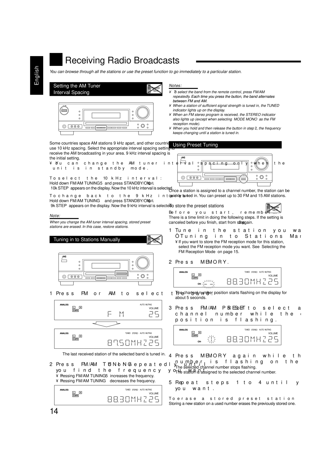 JVC LVT1507-012A manual Receiving Radio Broadcasts, Setting the AM Tuner Interval Spacing, Tuning in to Stations Manually 