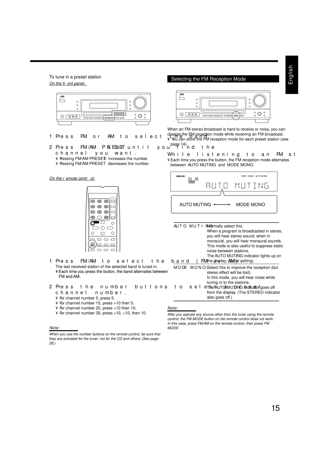 JVC LVT1507-012A manual Press FM/AM to select the band FM or AM, Press the number buttons to select a preset channel number 