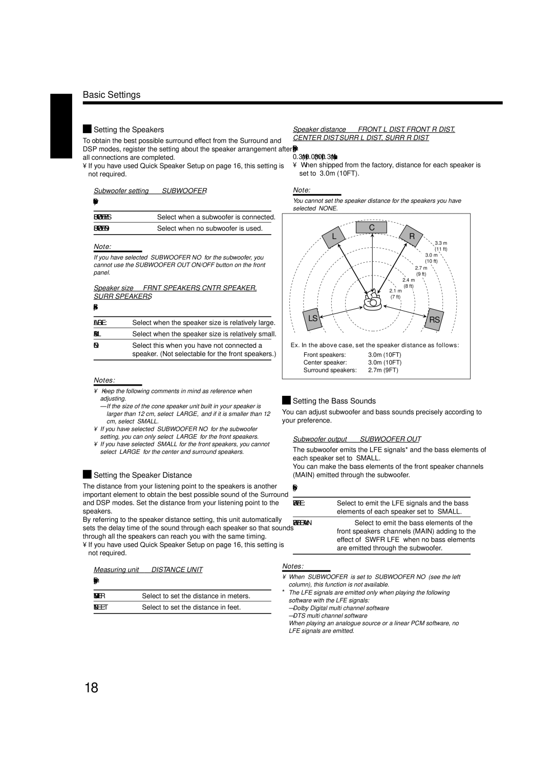 JVC LVT1507-012A manual Setting the Speakers, Setting the Speaker Distance, Setting the Bass Sounds 