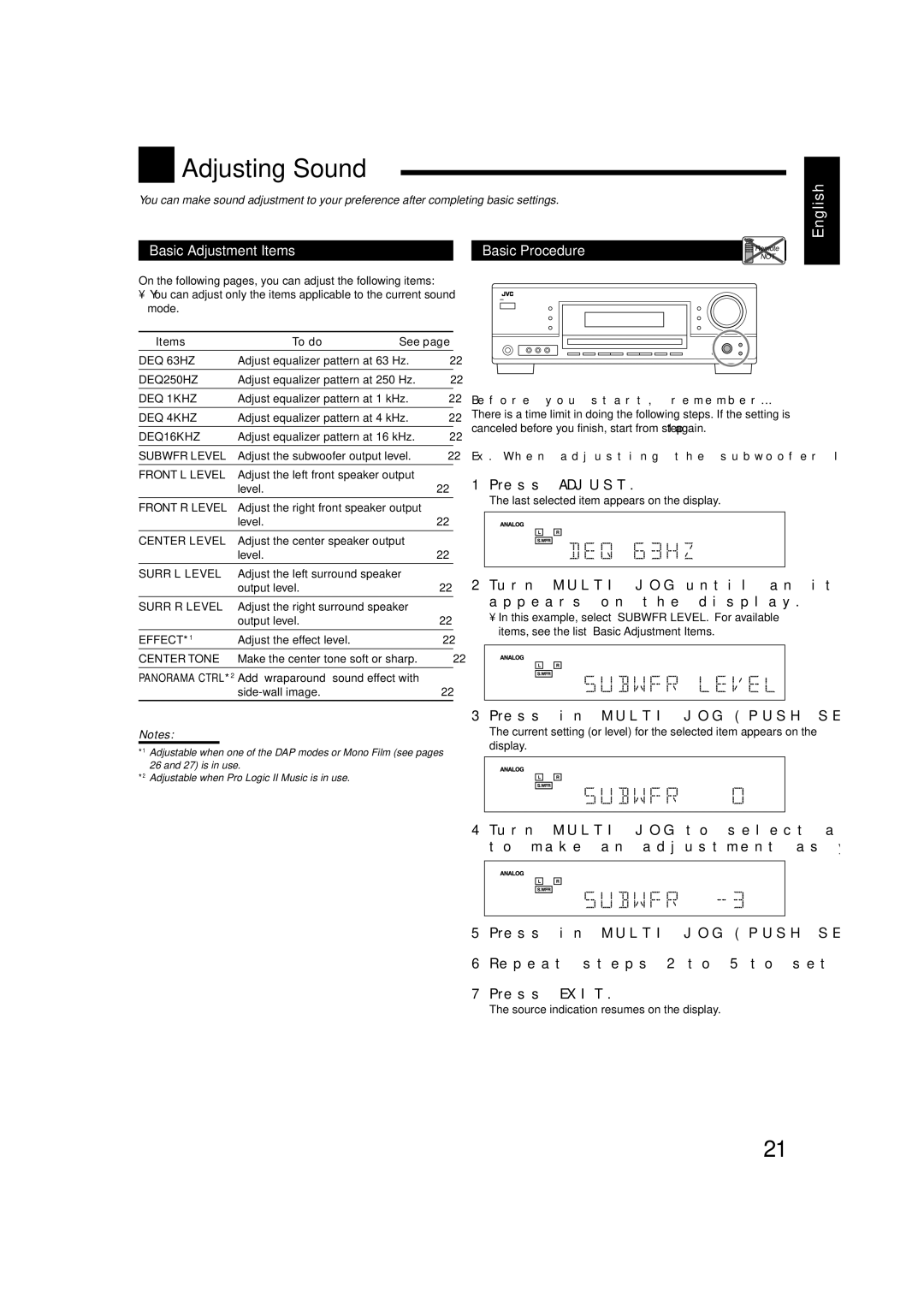 JVC LVT1507-012A manual Adjusting Sound, Basic Adjustment Items, Press Adjust, Ex. When adjusting the subwoofer level to 