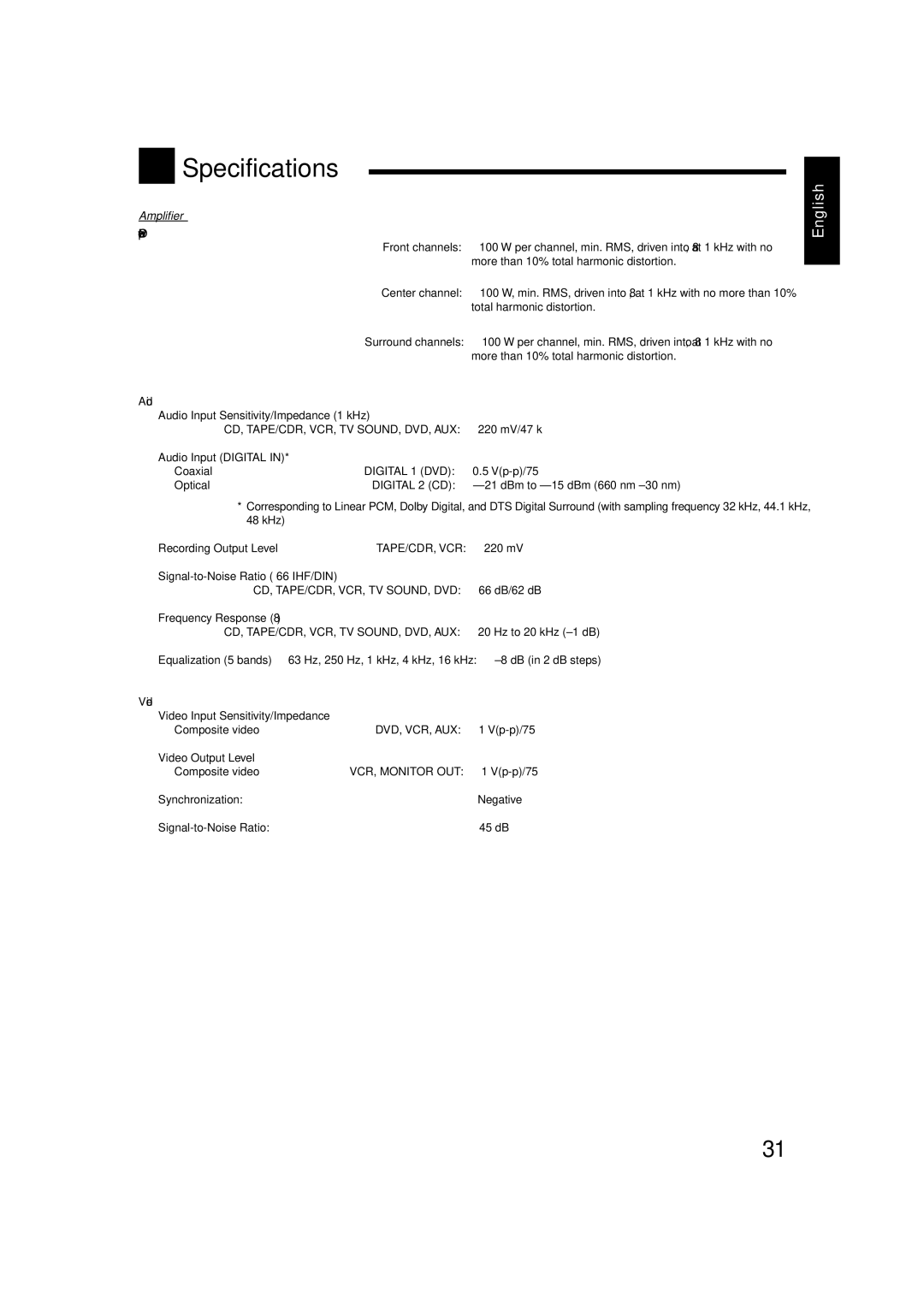 JVC LVT1507-012A manual Specifications, Amplifier, Output Power, Audio, Video 