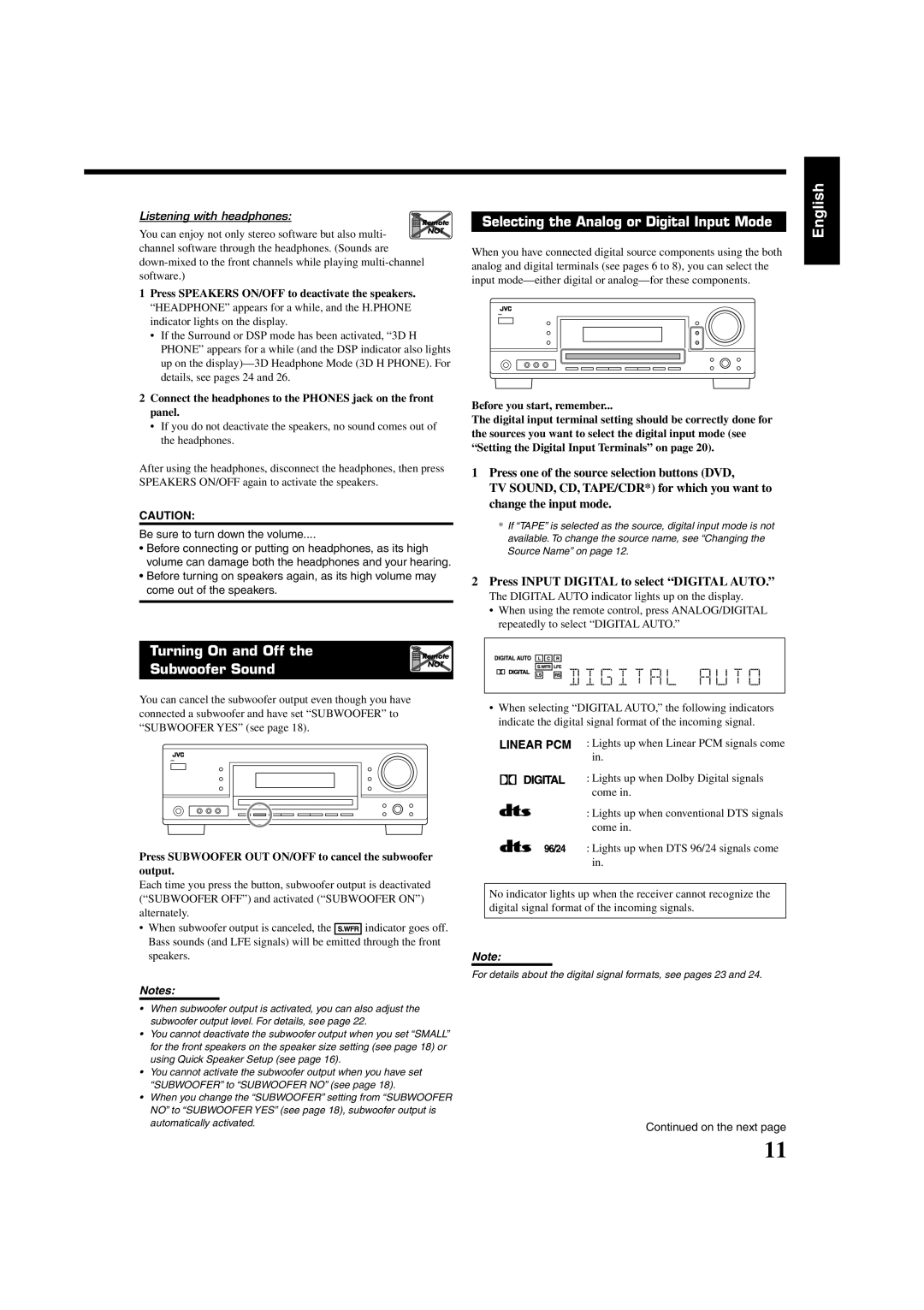 JVC LVT1507-012A manual Turning On and Off the, Subwoofer Sound, Selecting the Analog or Digital Input Mode, English 