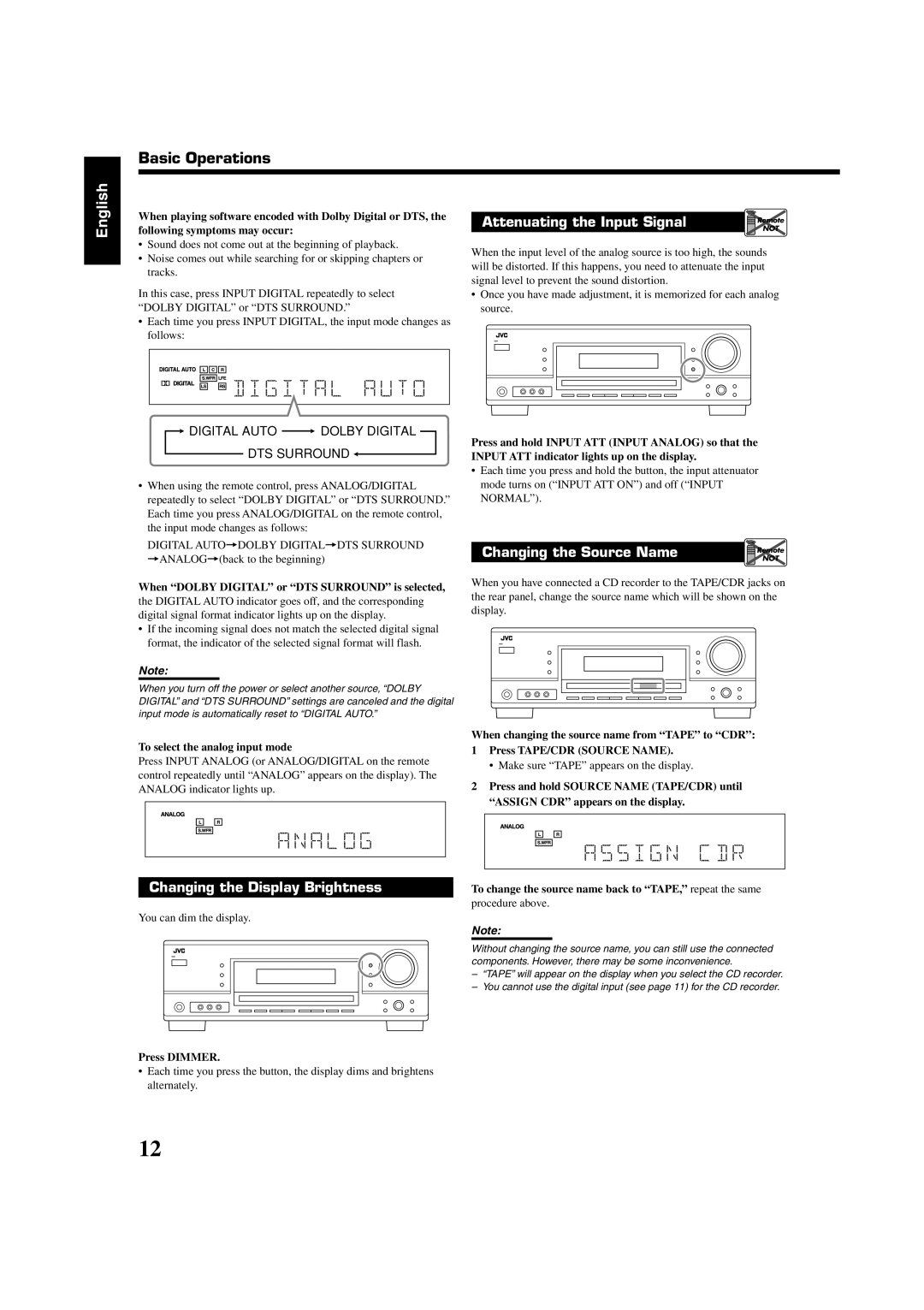 JVC LVT1507-012A manual Attenuating the Input Signal, Changing the Source Name, Changing the Display Brightness, English 