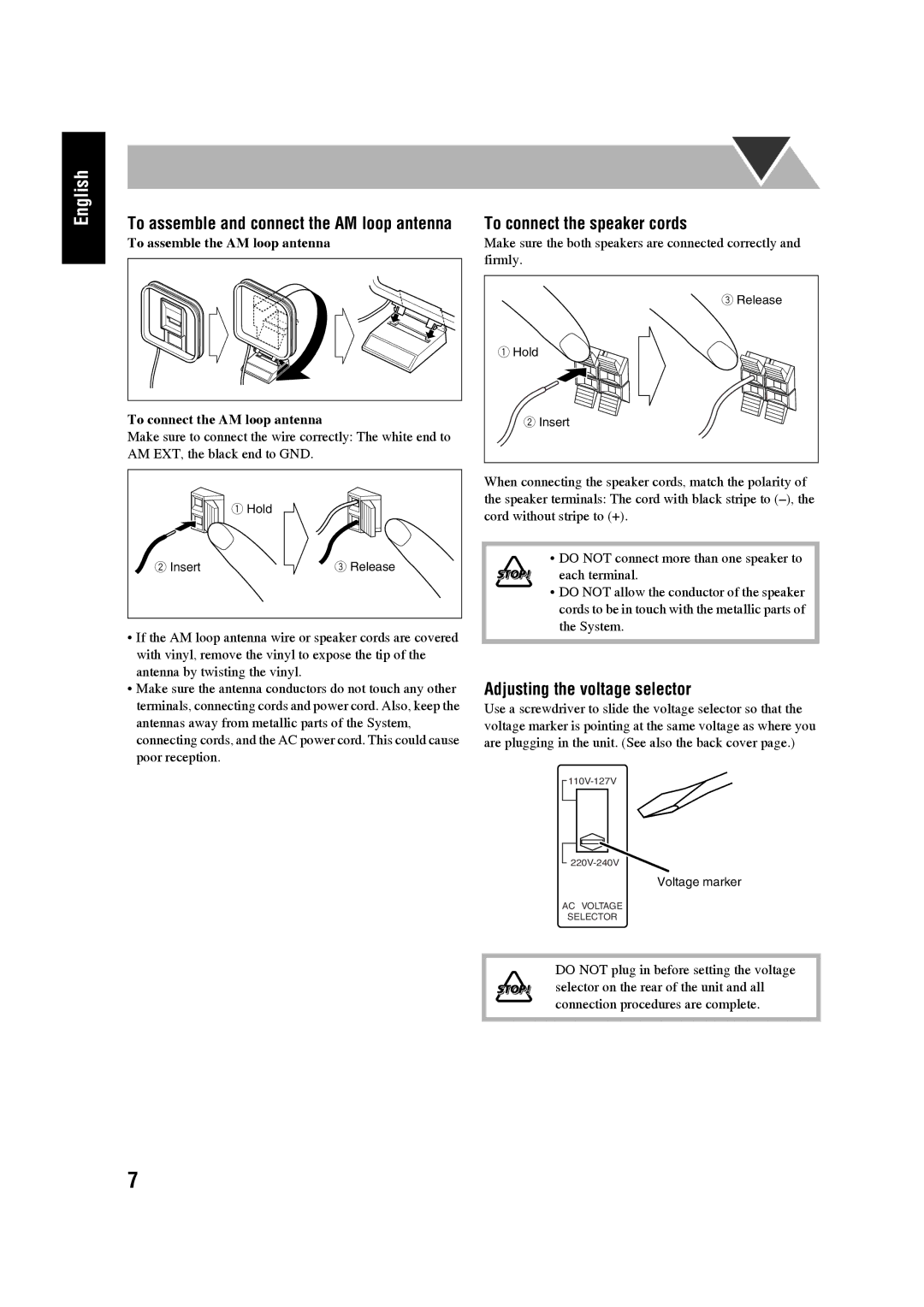 JVC SP-UXG45, LVT1520-005B, CA-UXG45 manual To connect the speaker cords, Adjusting the voltage selector 