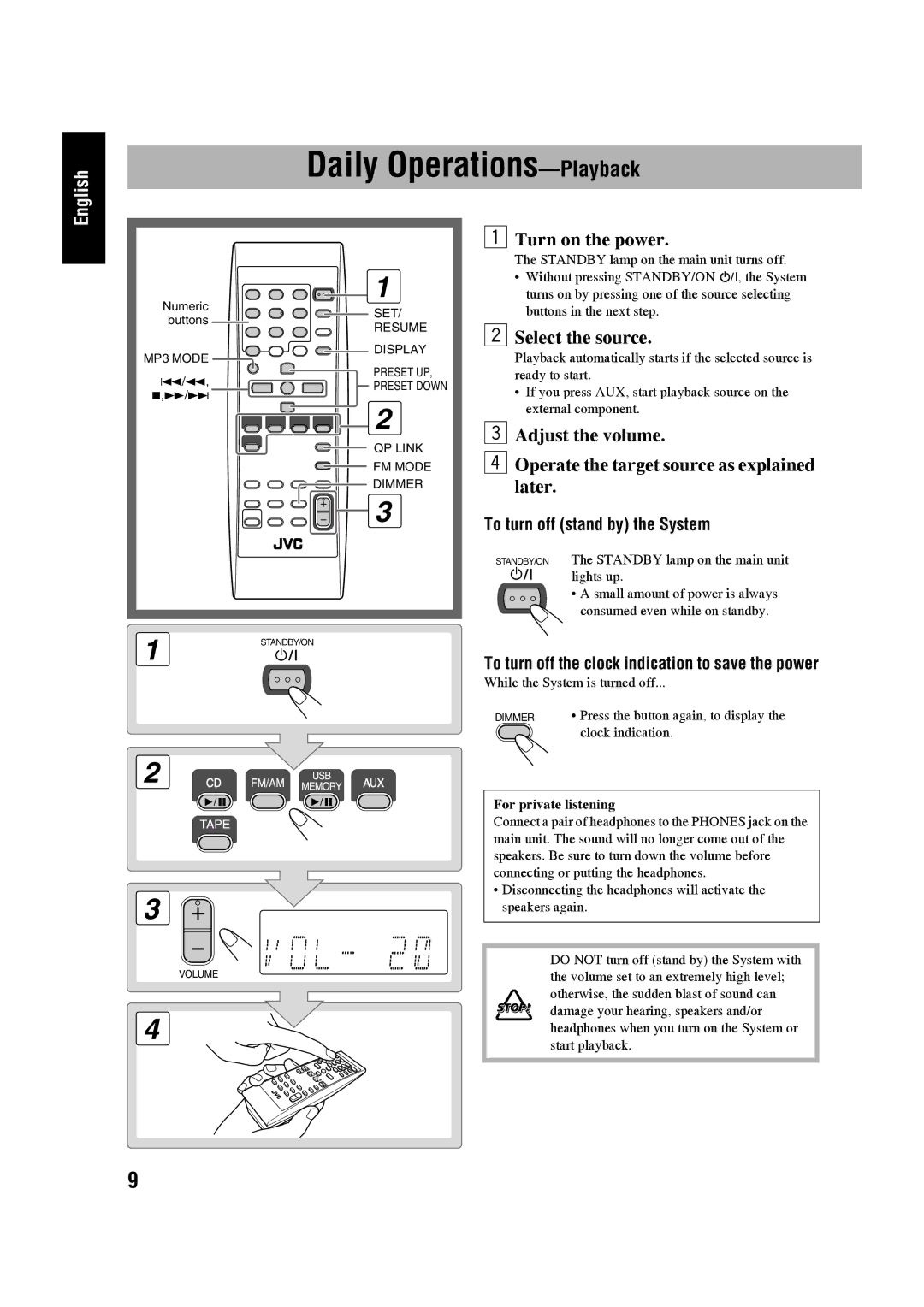 JVC CA-UXG45, LVT1520-005B, SP-UXG45 manual Daily Operations-Playback, To turn off stand by the System, For private listening 