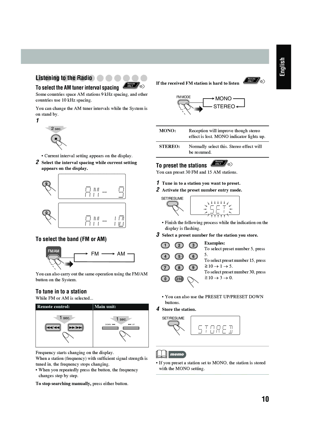 JVC SP-UXG45, LVT1520-005B, CA-UXG45 manual Listening to the Radio, To select the band FM or AM, To tune in to a station 