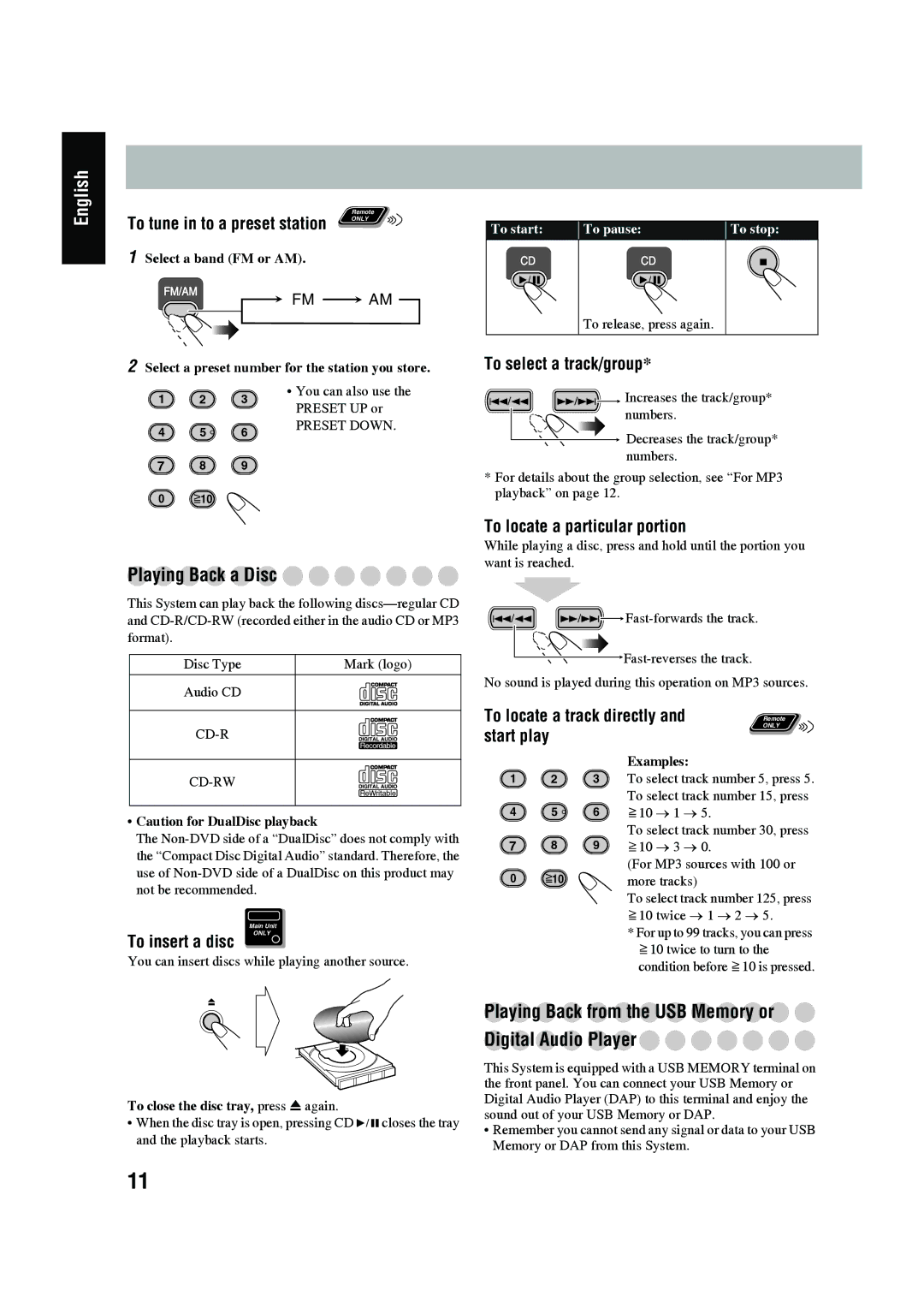 JVC LVT1520-005B Playing Back a Disc, Playing Back from the USB Memory or Digital Audio Player, To select a track/group 