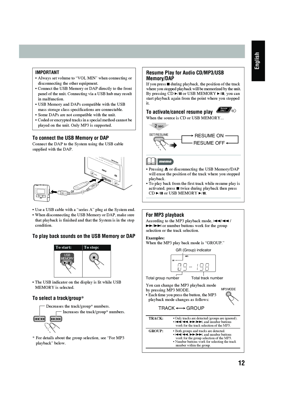 JVC CA-UXG45, LVT1520-005B To connect the USB Memory or DAP, Resume Play for Audio CD/MP3/USB Memory/DAP, For MP3 playback 