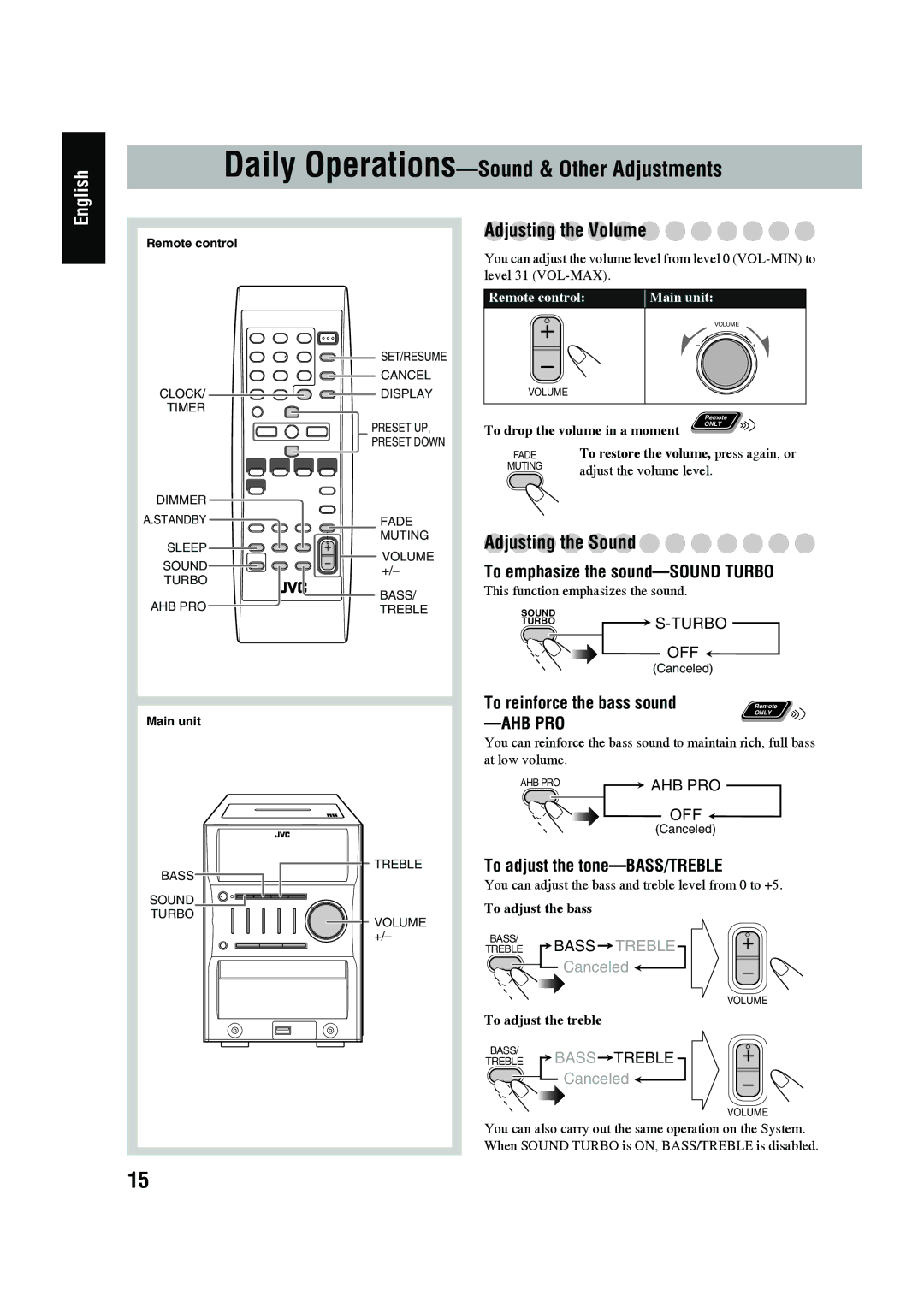 JVC CA-UXG45 Adjusting the Volume, Adjusting the Sound, To emphasize the sound-SOUND Turbo, To reinforce the bass sound 