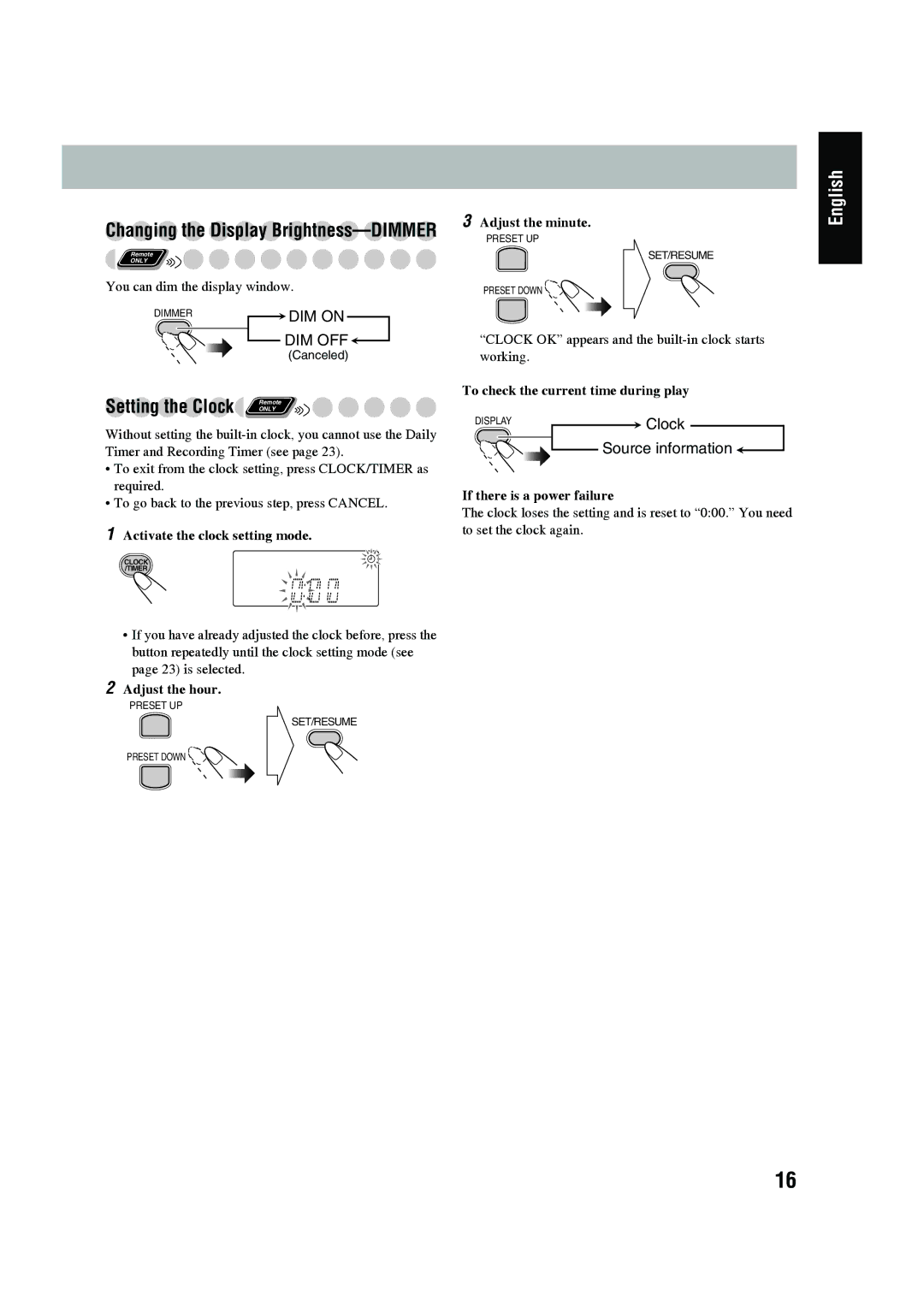 JVC SP-UXG45, LVT1520-005B, CA-UXG45 manual Setting the Clock Remote 