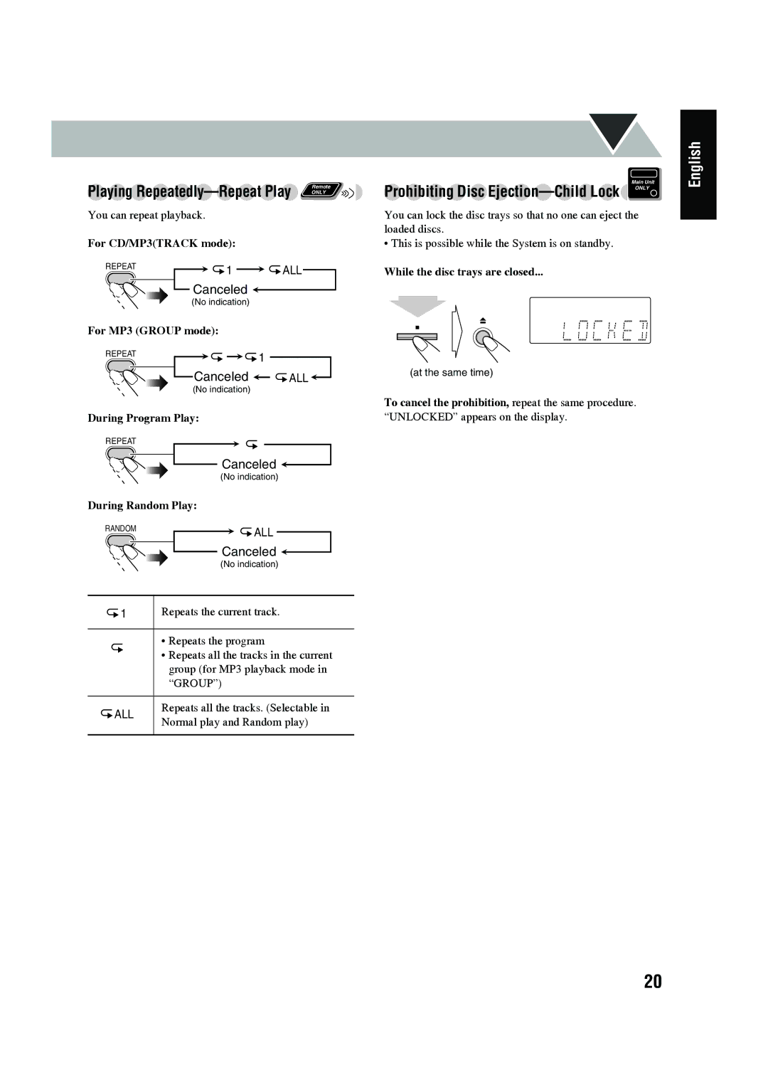 JVC LVT1520-005B, CA-UXG45, SP-UXG45 manual For CD/MP3TRACK mode, For MP3 Group mode, During Program Play, During Random Play 