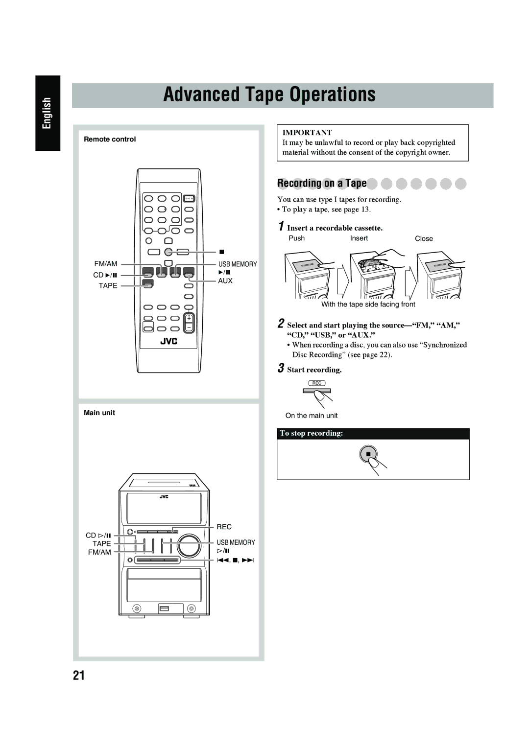 JVC CA-UXG45, LVT1520-005B Advanced Tape Operations, Recording on a Tape, Insert a recordable cassette, Start recording 