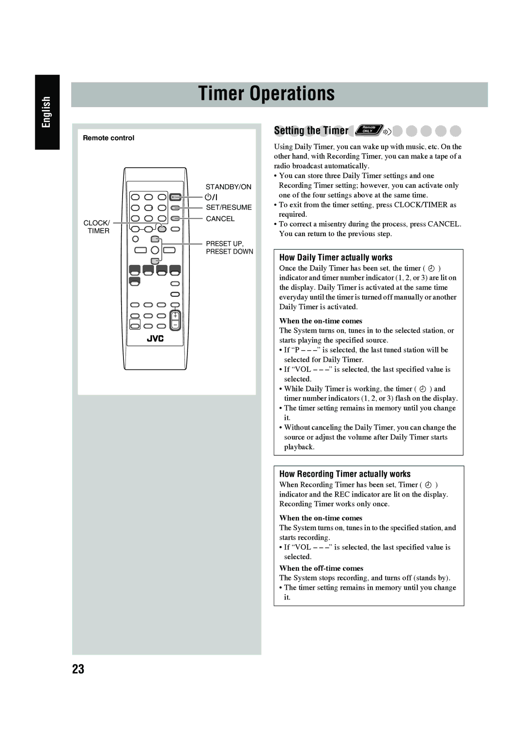 JVC LVT1520-005B, CA-UXG45, SP-UXG45 manual Timer Operations, When the on-time comes, When the off-time comes 