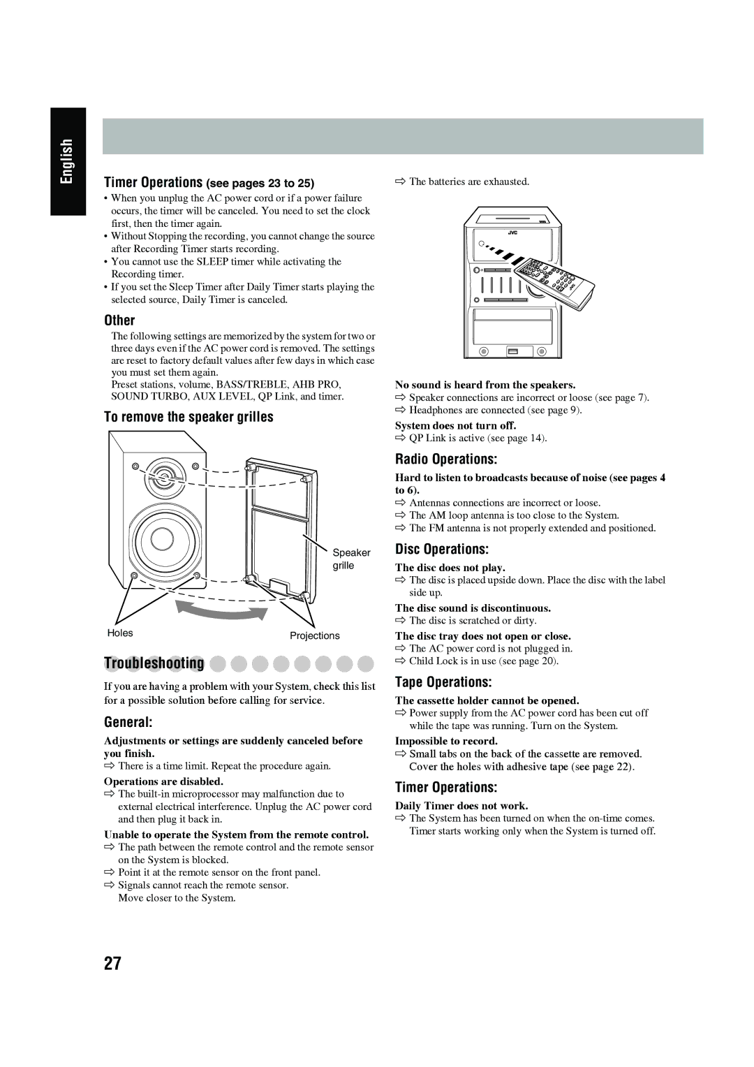 JVC CA-UXG45, LVT1520-005B, SP-UXG45 manual Troubleshooting 