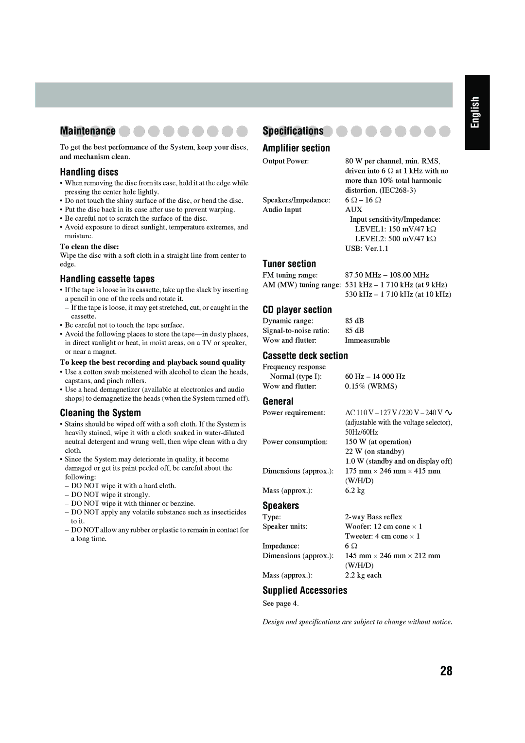 JVC SP-UXG45, LVT1520-005B, CA-UXG45 manual Maintenance, Specifications 