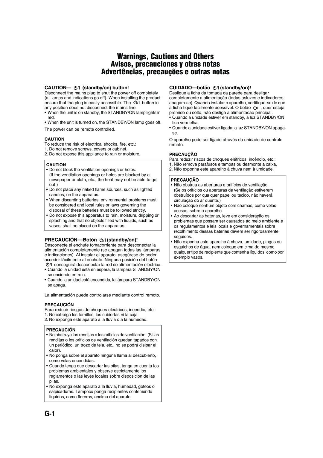 JVC CA-UXG45, LVT1520-005B, SP-UXG45 manual PRECAUCIÓN--Botón standby/on 