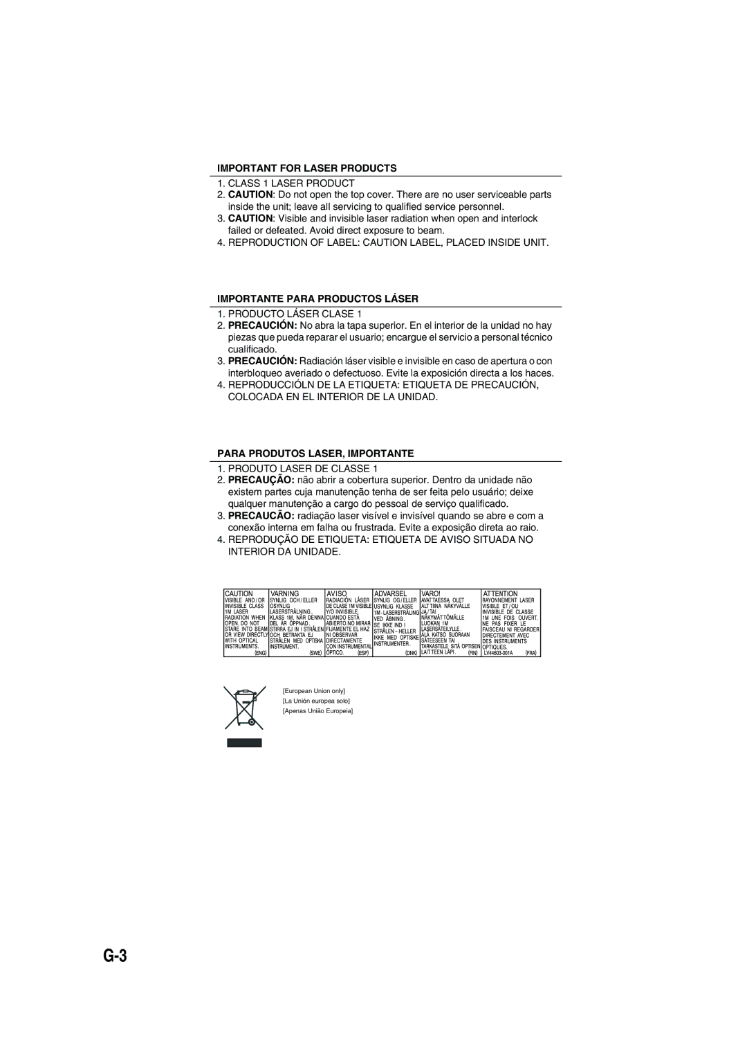 JVC LVT1520-005B, CA-UXG45, SP-UXG45 manual Important for Laser Products 