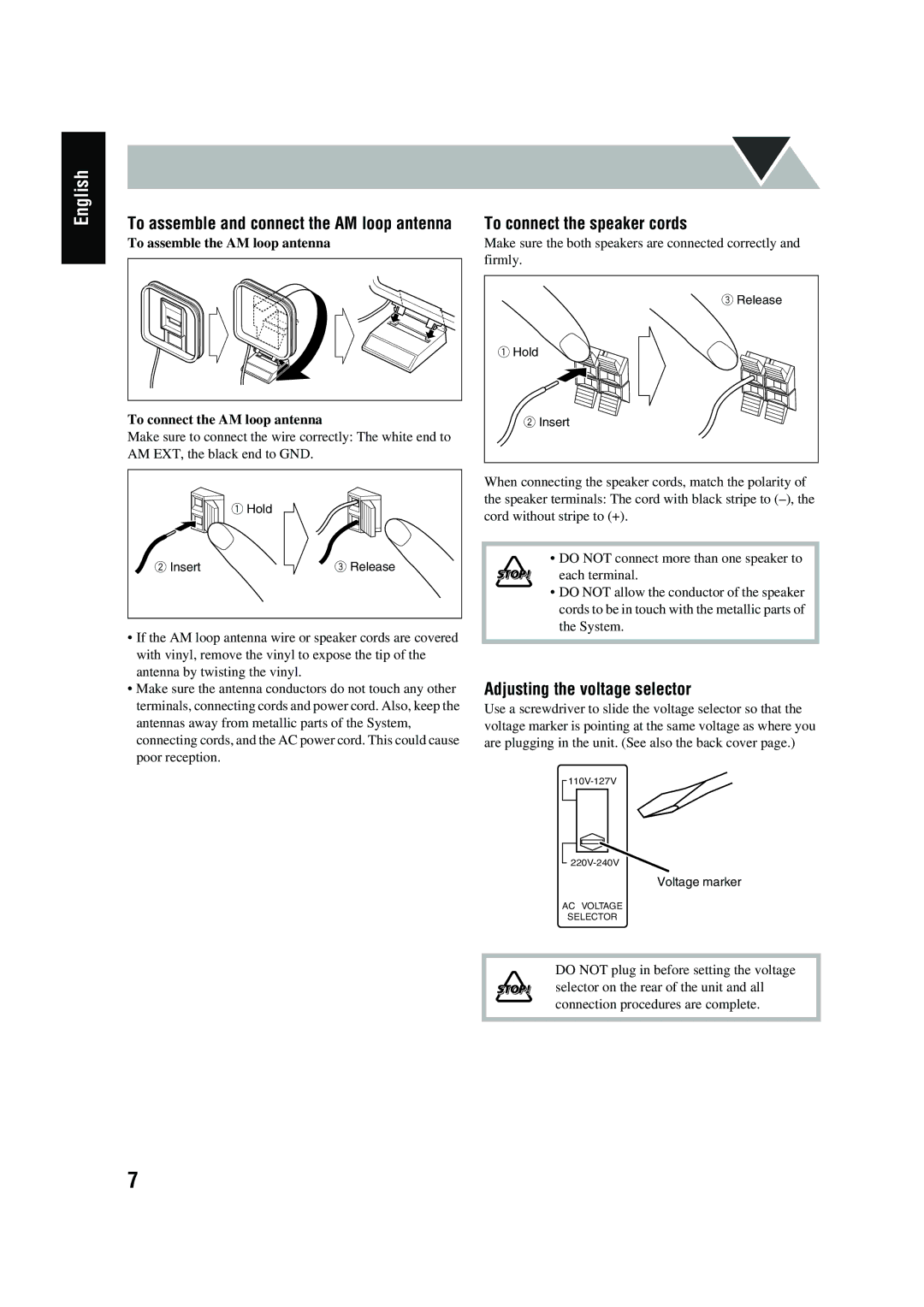 JVC CA-UXG45, LVT1520-005B, SP-UXG45 manual To connect the speaker cords 