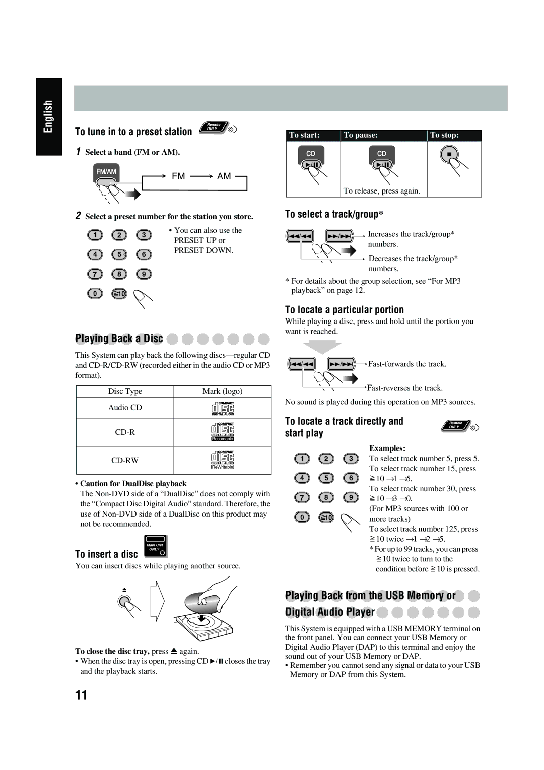 JVC SP-UXG45, LVT1520-005B, CA-UXG45 manual Playing Back from the USB Memory or Digital Audio Player, Preset Down 